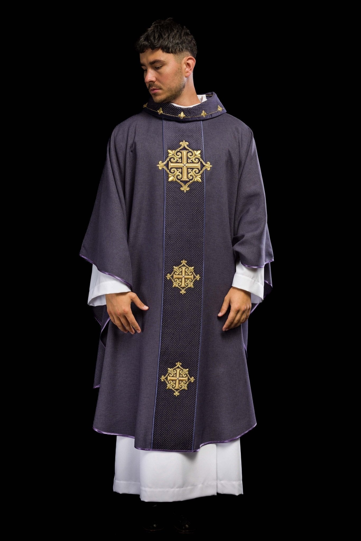 Chasuble with Velvet Purple Band and Cross Embroidery LE/7030/03 - HAFTINAUSA.COM