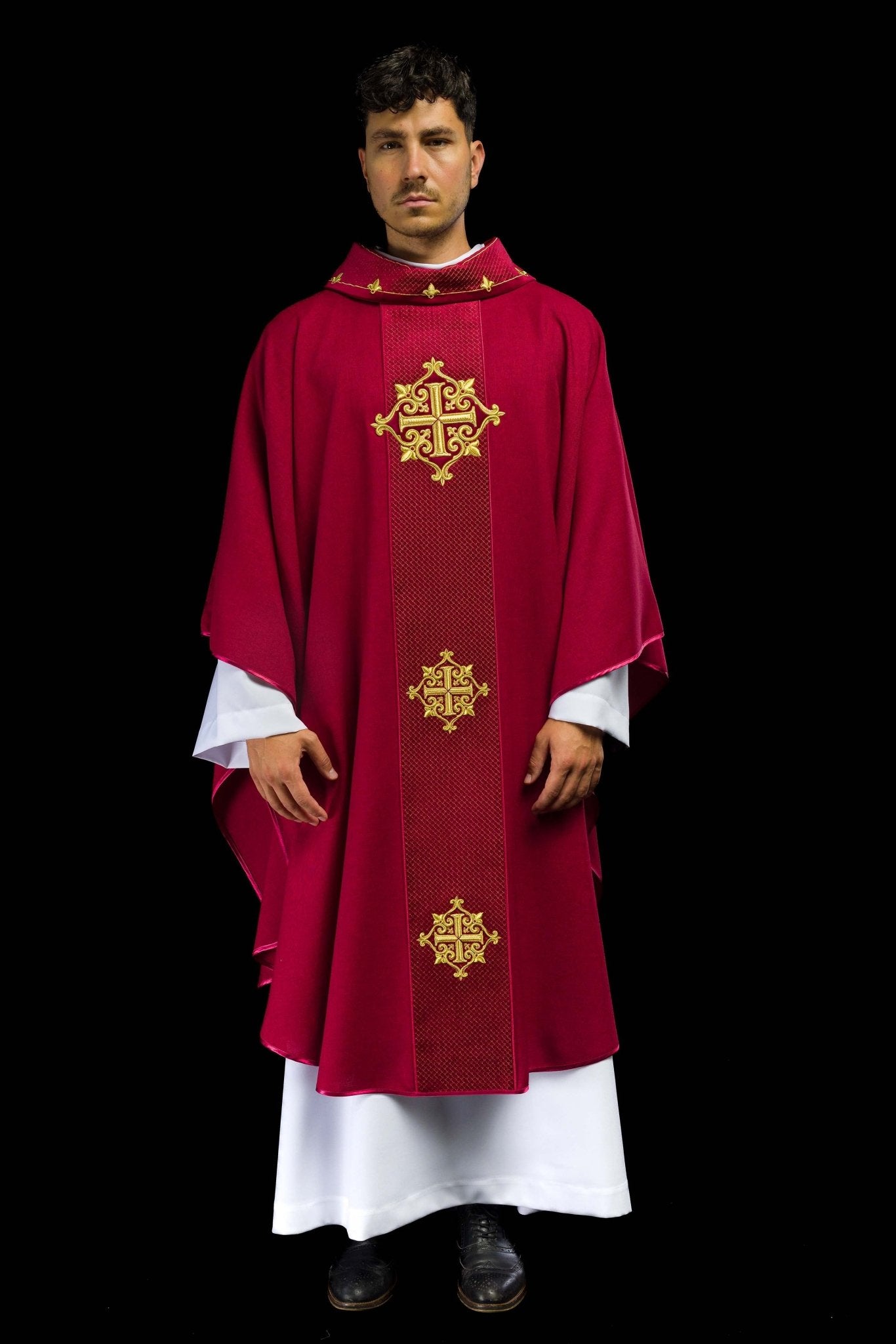 Chasuble with Velvet Red Band and Cross Embroidery LE/7030/02 - CHASUBLES.COM