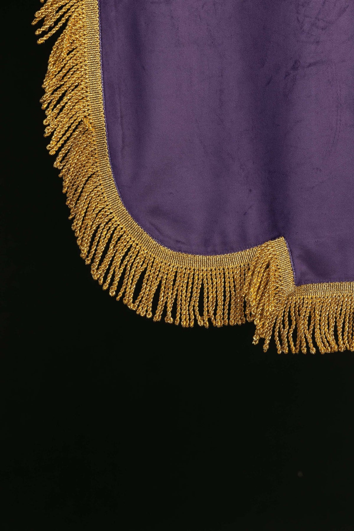 Close-up of the purple banner showing gold fringe along the scalloped bottom