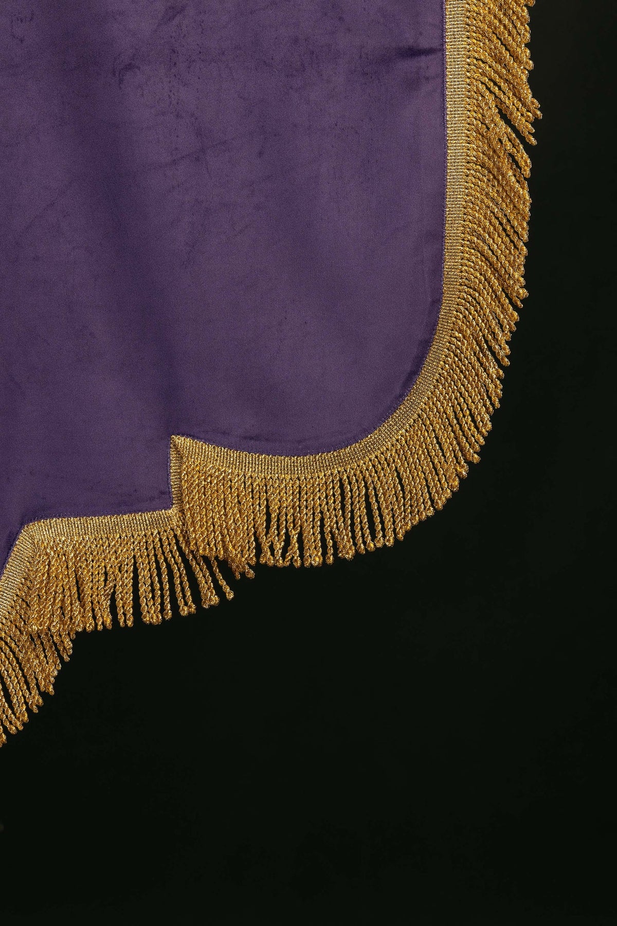 Close-up of the purple banner showing gold fringe along the back edge