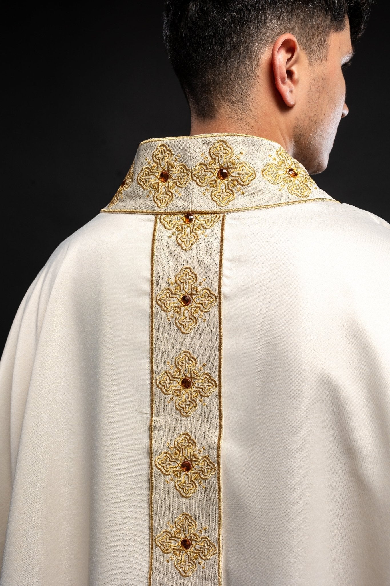 Classic ivory priest robe with decorative stones S - 7056 - 05 - 54 - HAFTINAUSA.COM