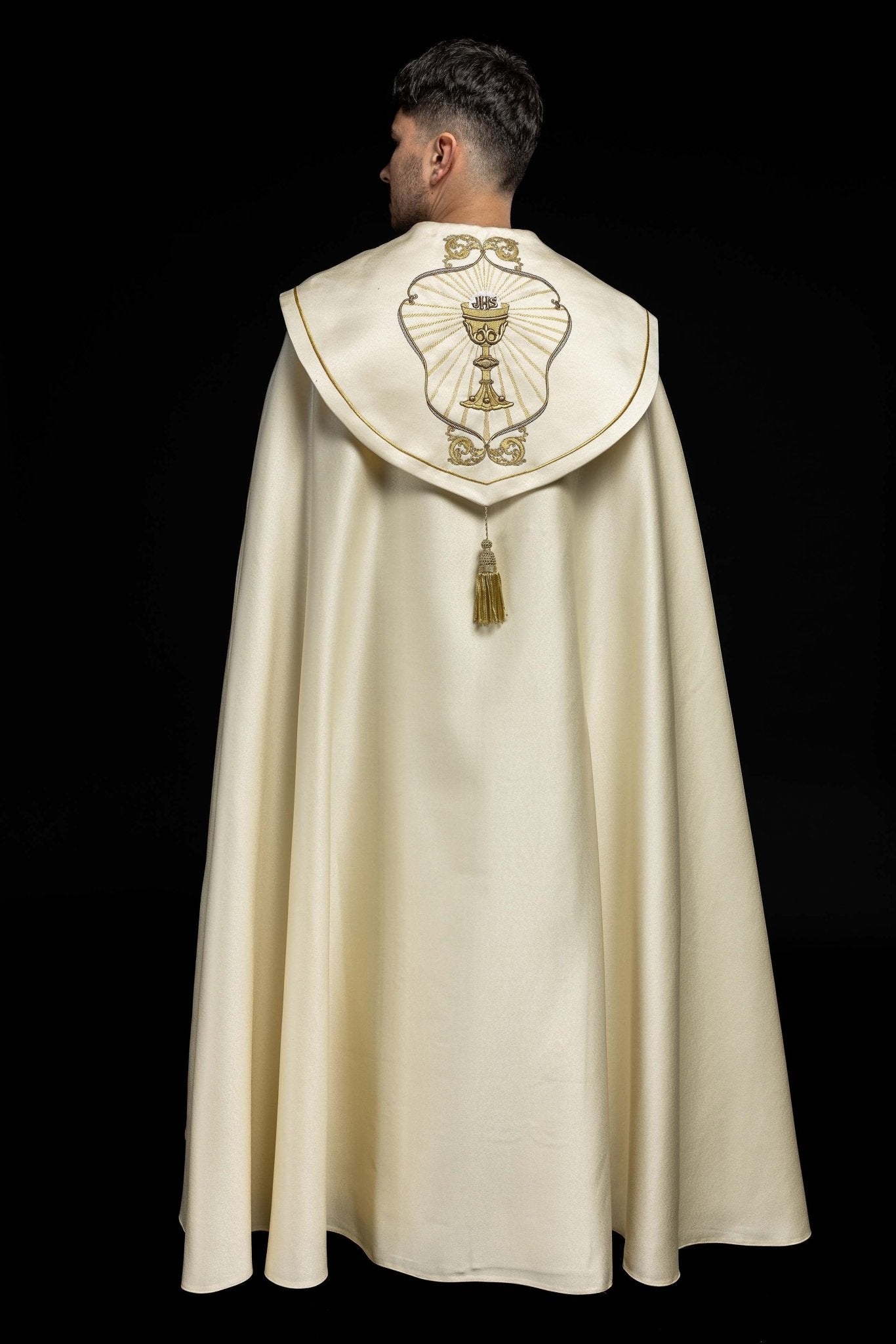 Clerical cope with embroidered gold IHS motif KKP/006/05 ECRU SAT.POMPON 145cm - HAFTINAUSA.COM