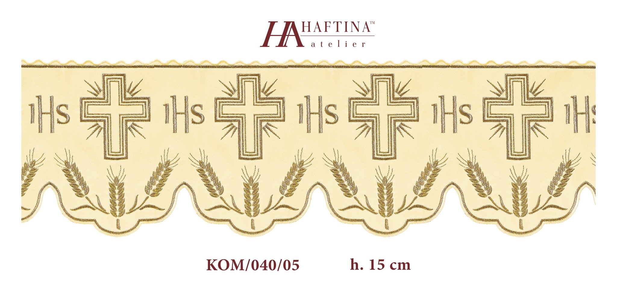 Cream colored liturgical superfrontal with IHS and cross gold embroidery KOM/040/05 20cm 3,5m - HAFTINAUSA.COM