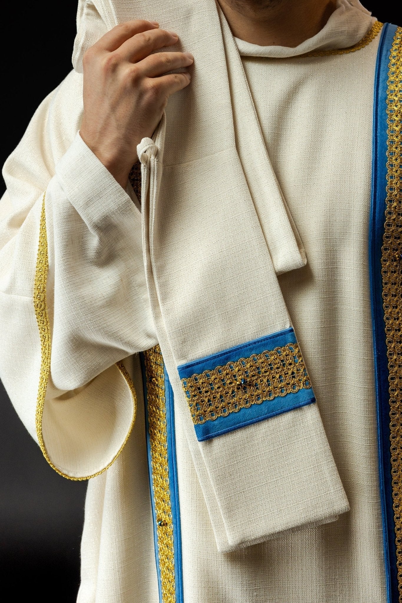 Dalmatic chasuble with blue orphrey and natural stones Handmade 1001 HM/1001/05/71/PA06 - HAFTINAUSA.COM