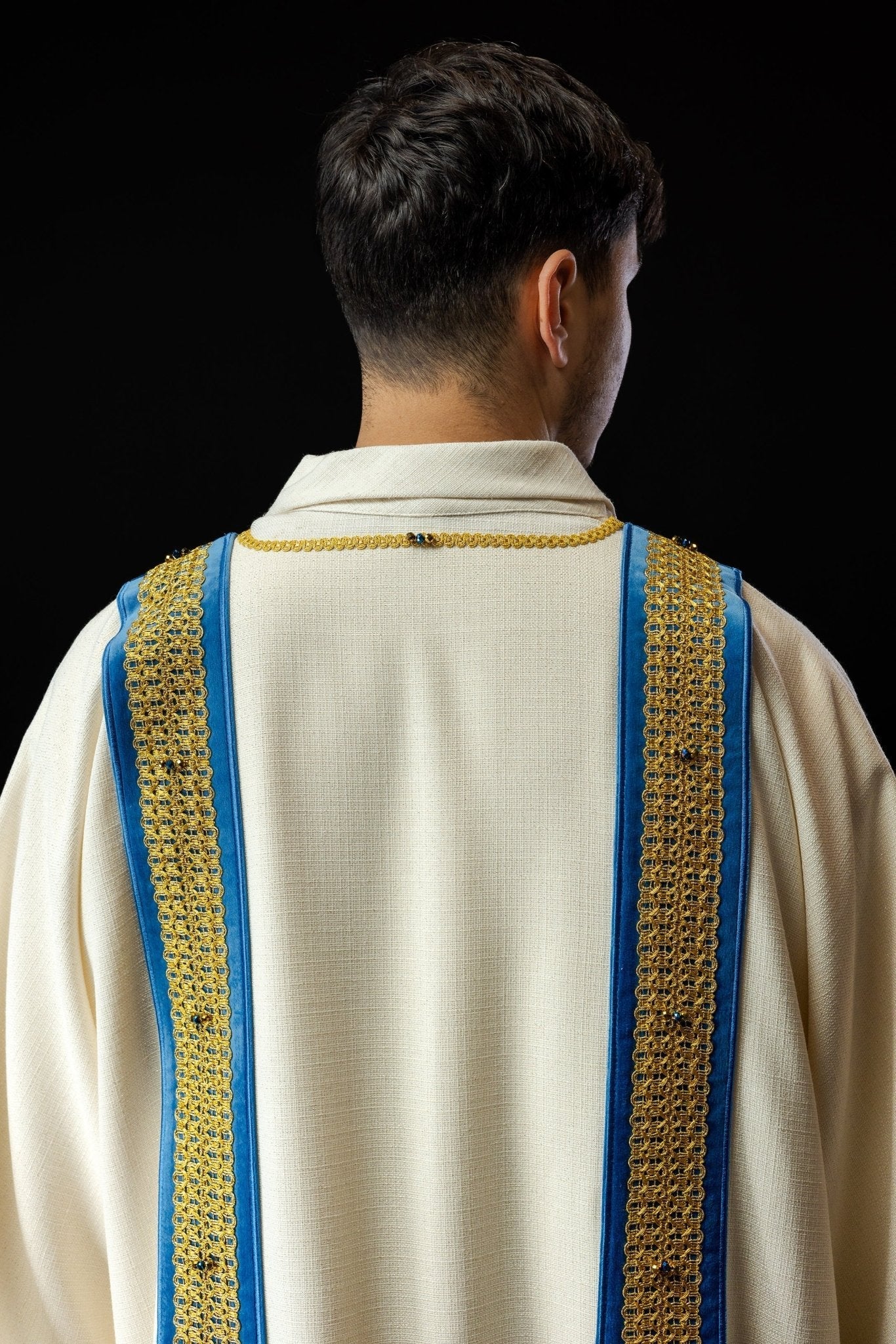 Dalmatic chasuble with blue orphrey and natural stones Handmade 1001 HM/1001/05/71/PA06 - HAFTINAUSA.COM
