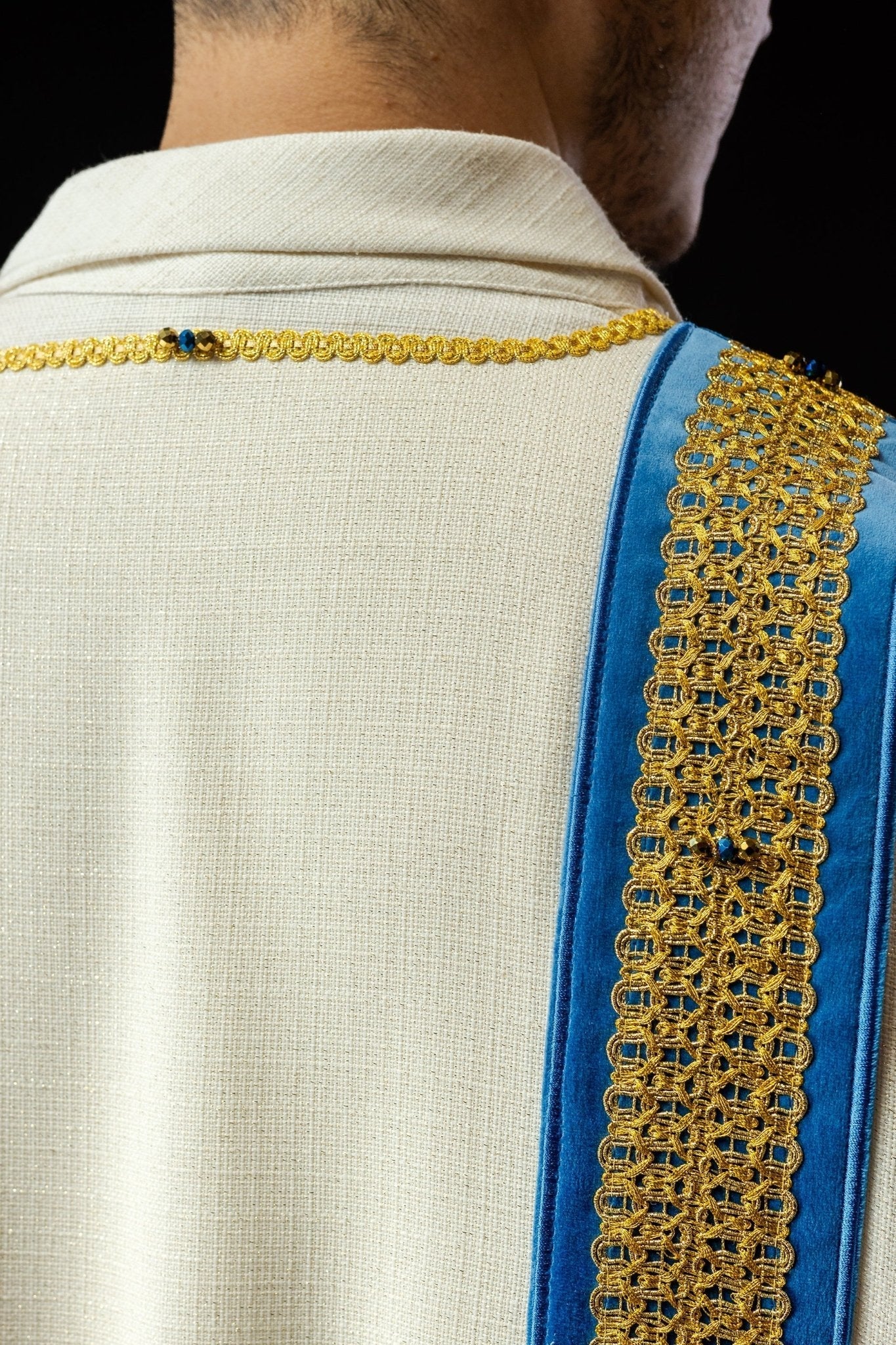 Dalmatic chasuble with blue orphrey and natural stones Handmade 1001 HM/1001/05/71/PA06 - HAFTINAUSA.COM