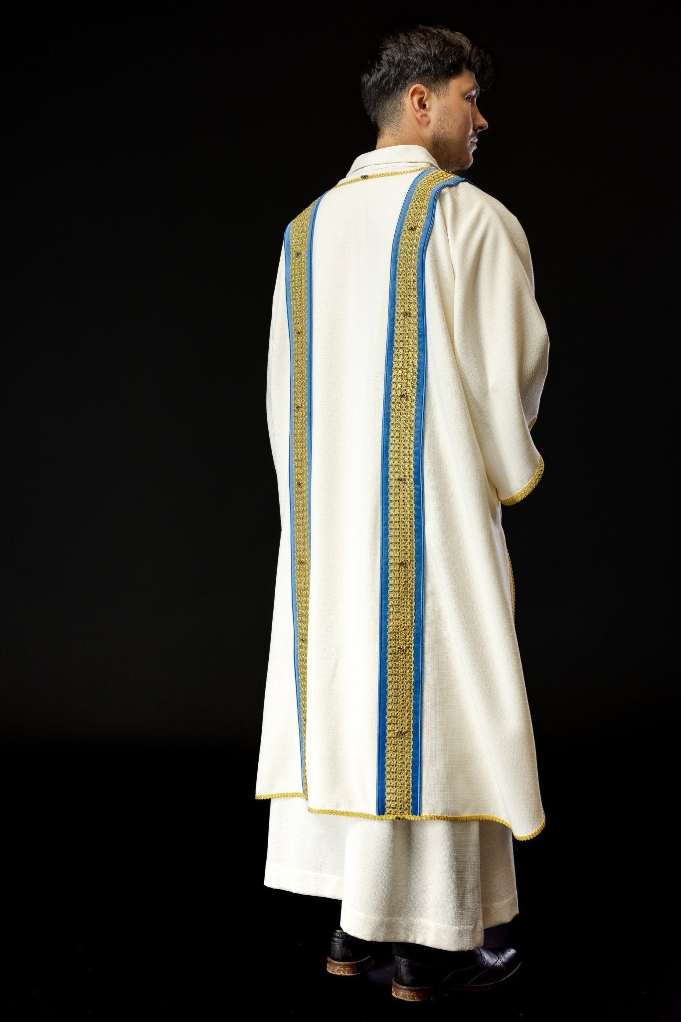 Dalmatic chasuble with blue orphrey and natural stones Handmade 1001 HM/1001/05/71/PA06 - HAFTINAUSA.COM