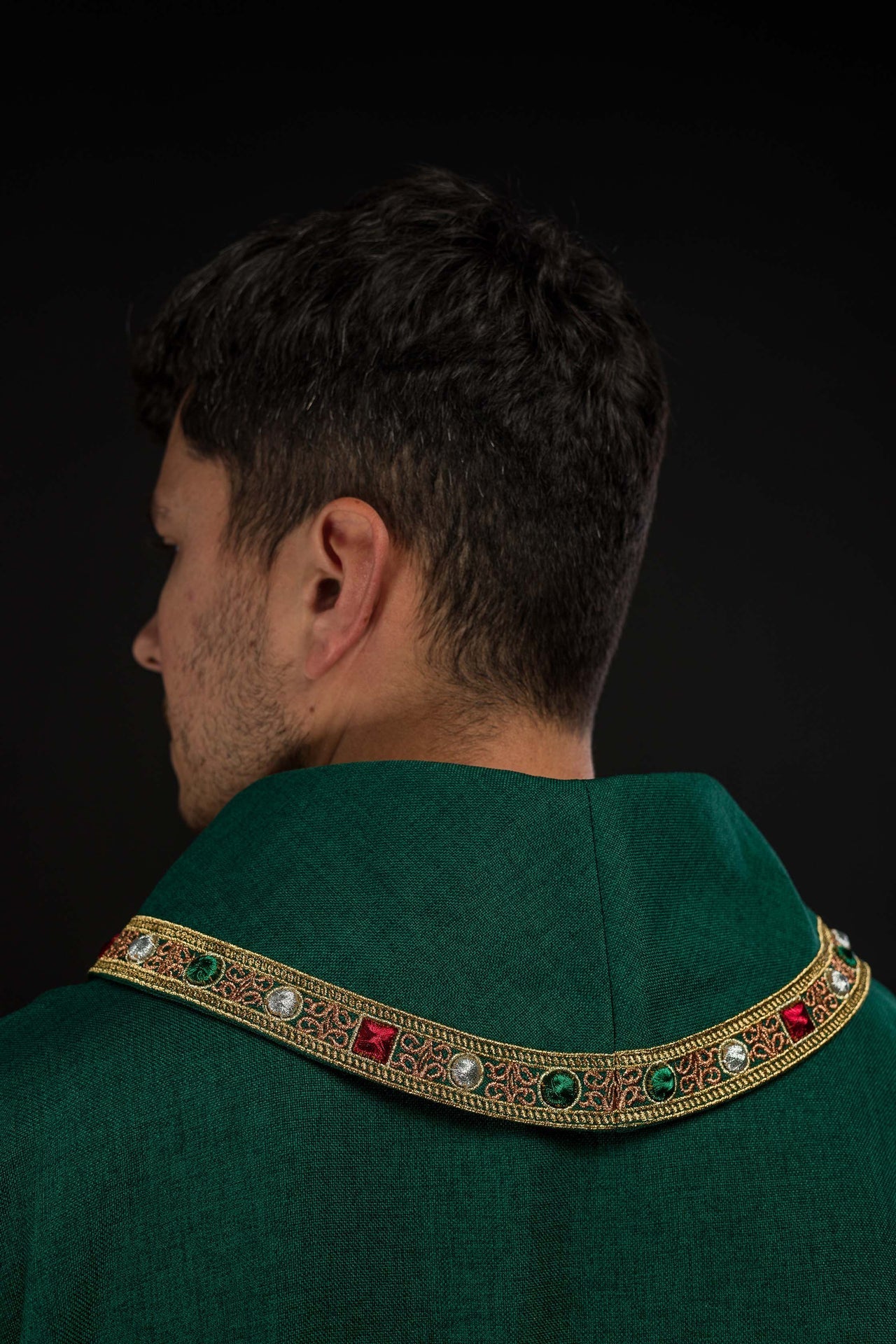 Dalmatic with IHS Symbol and Green Collar S-1073-01-70-D - CHASUBLES.COM