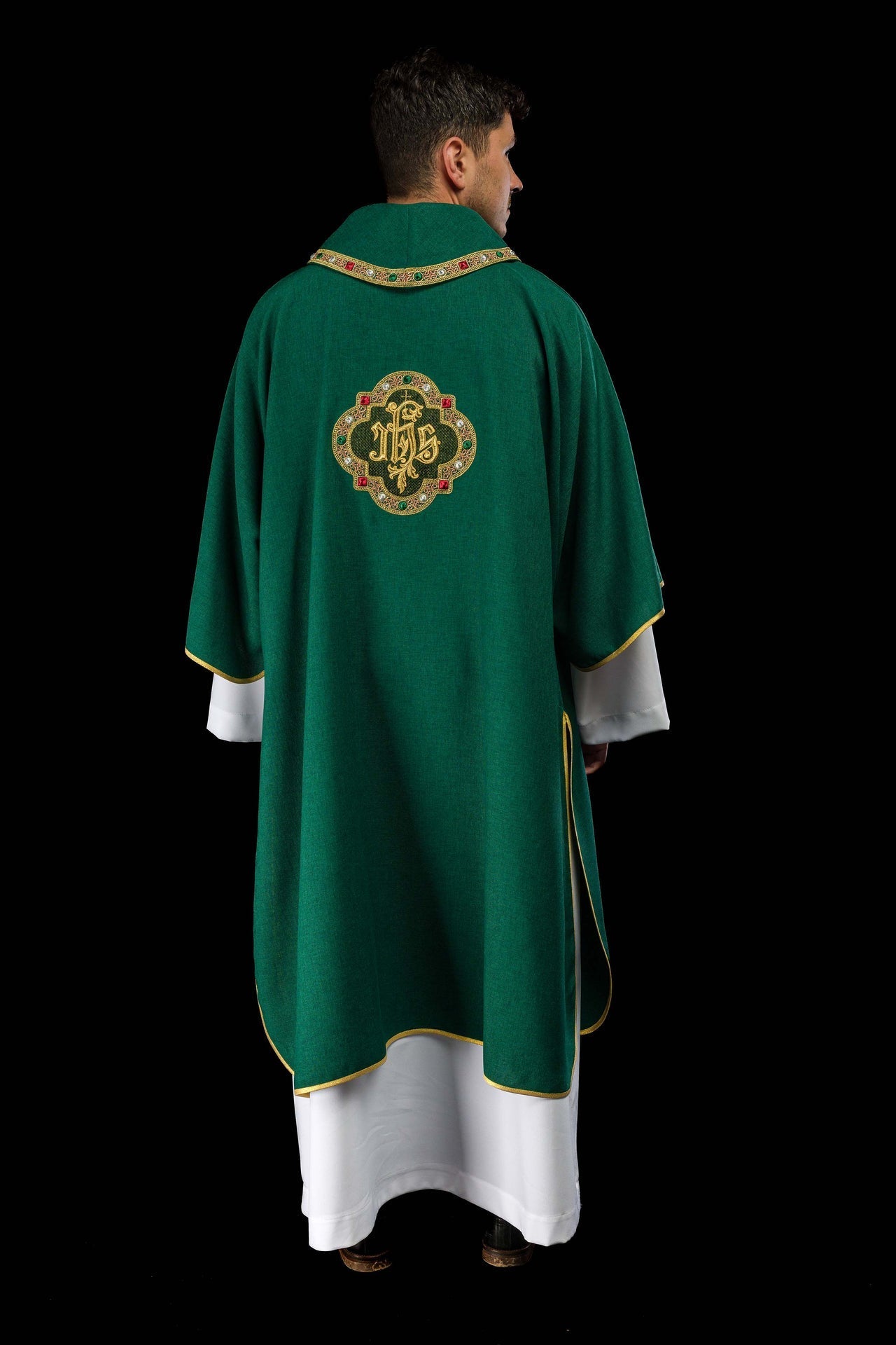 Dalmatic with IHS Symbol and Green Collar S-1073-01-70-D - CHASUBLES.COM