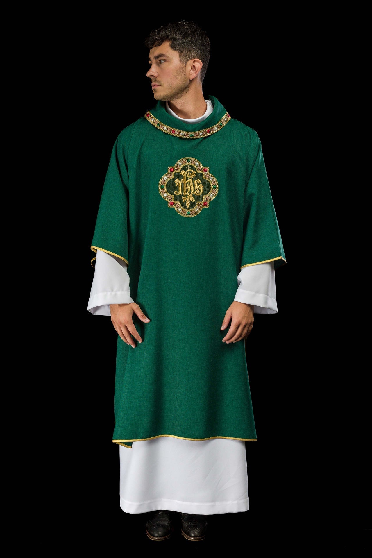 Dalmatic with IHS Symbol and Green Collar S-1073-01-70-D - CHASUBLES.COM