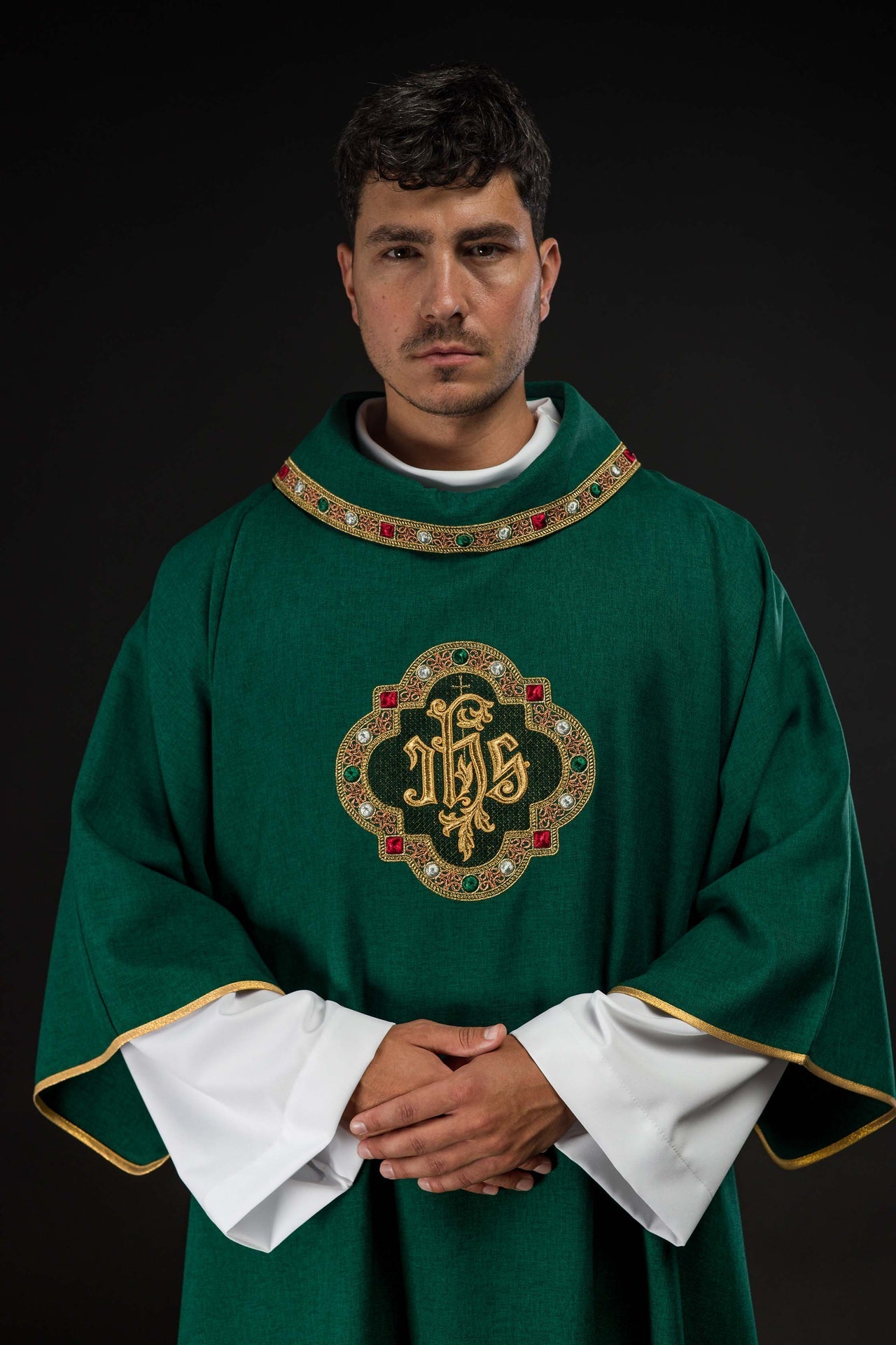 Dalmatic with IHS Symbol and Green Collar S-1073-01-70-D - CHASUBLES.COM