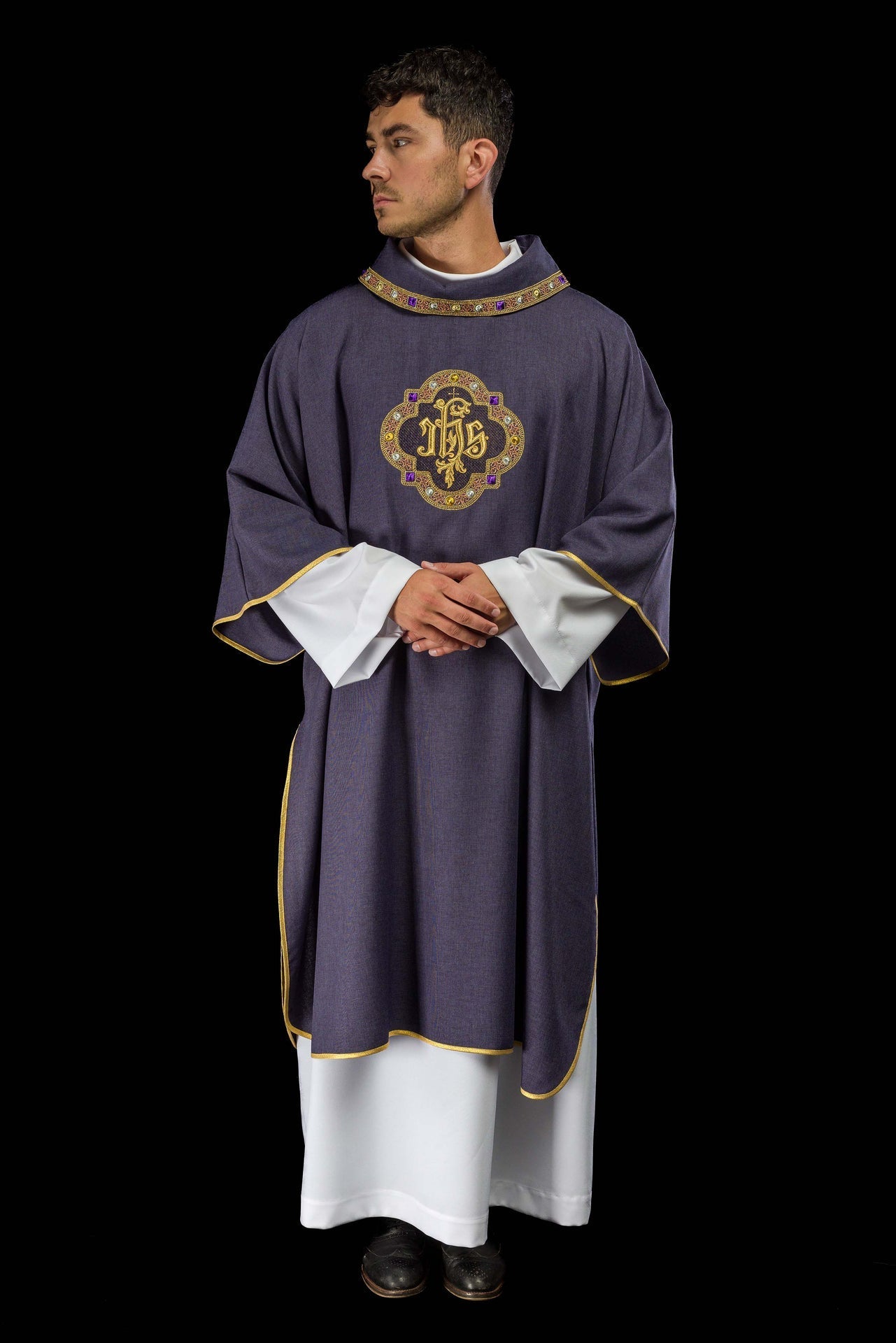 Dalmatic with IHS Symbol and Purple Collar S-1073-03-70-D - CHASUBLES.COM