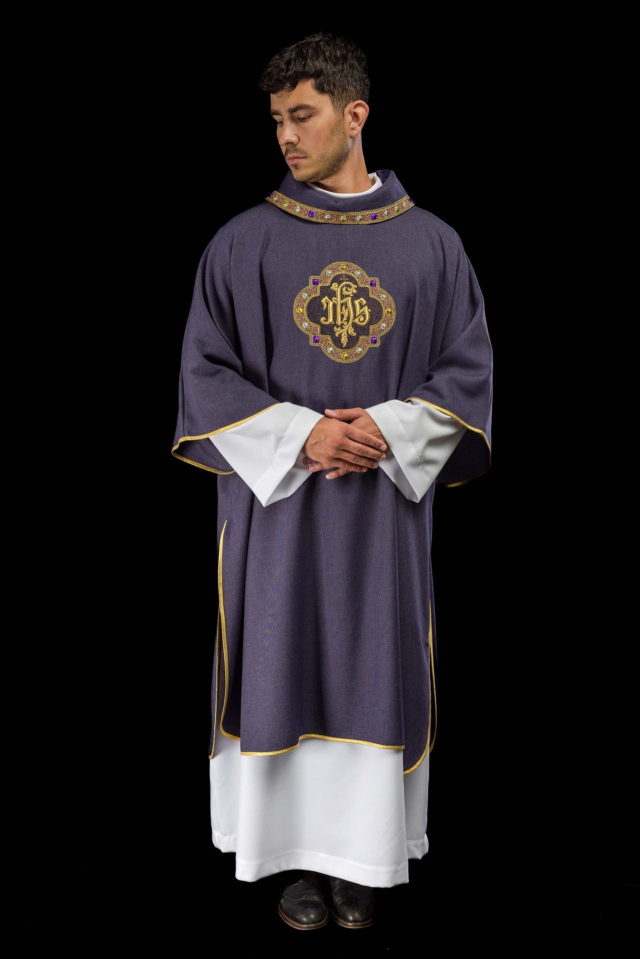 Dalmatic with IHS Symbol and Purple Collar S-1073-03-70-D - CHASUBLES.COM