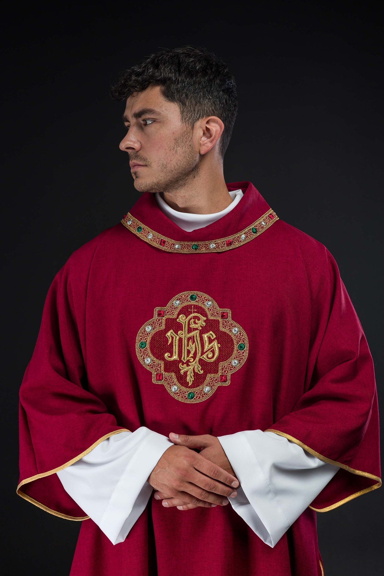 Dalmatic with IHS Symbol and Red Collar S-1073-02-70-D - CHASUBLES.COM