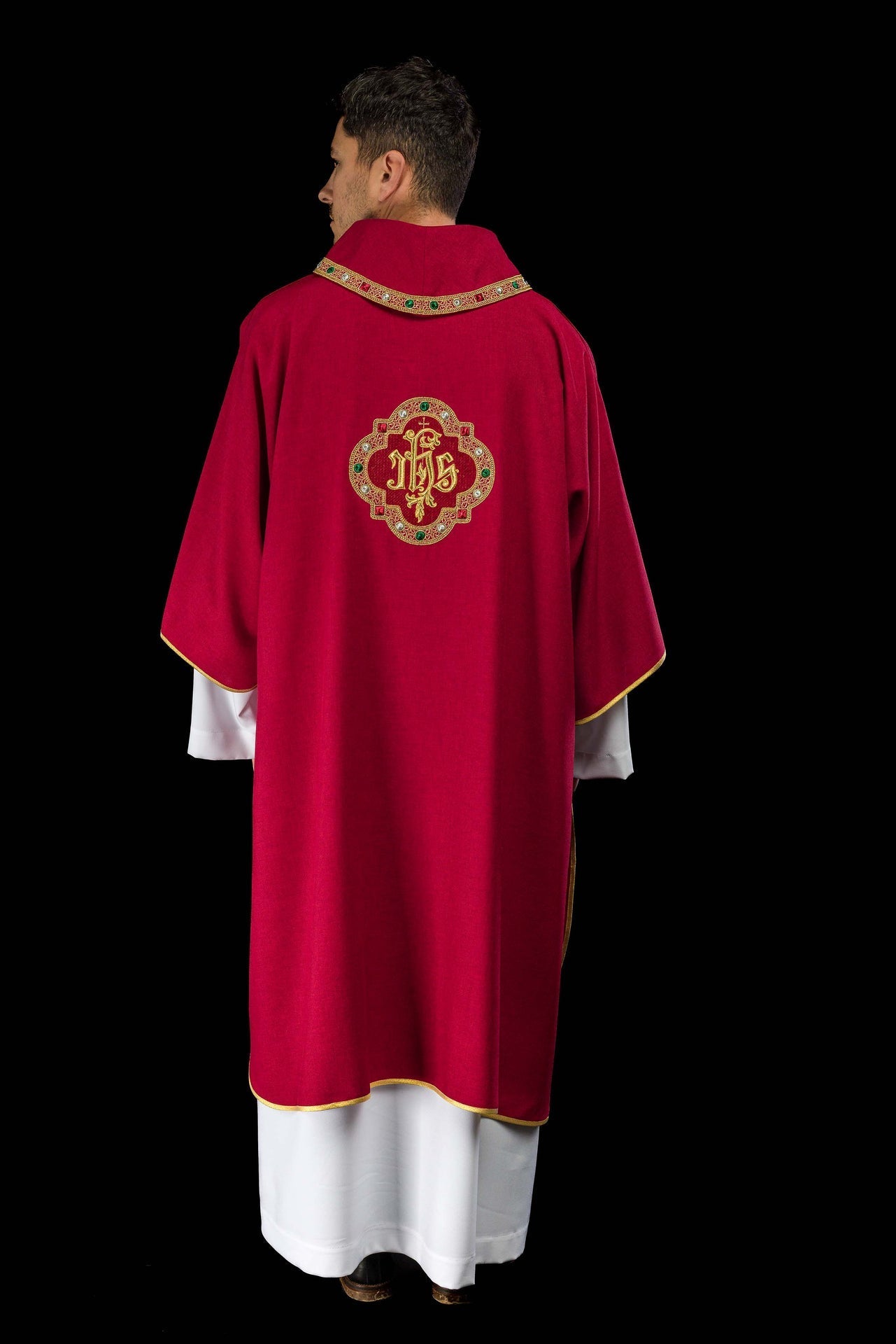 Dalmatic with IHS Symbol and Red Collar S-1073-02-70-D - CHASUBLES.COM
