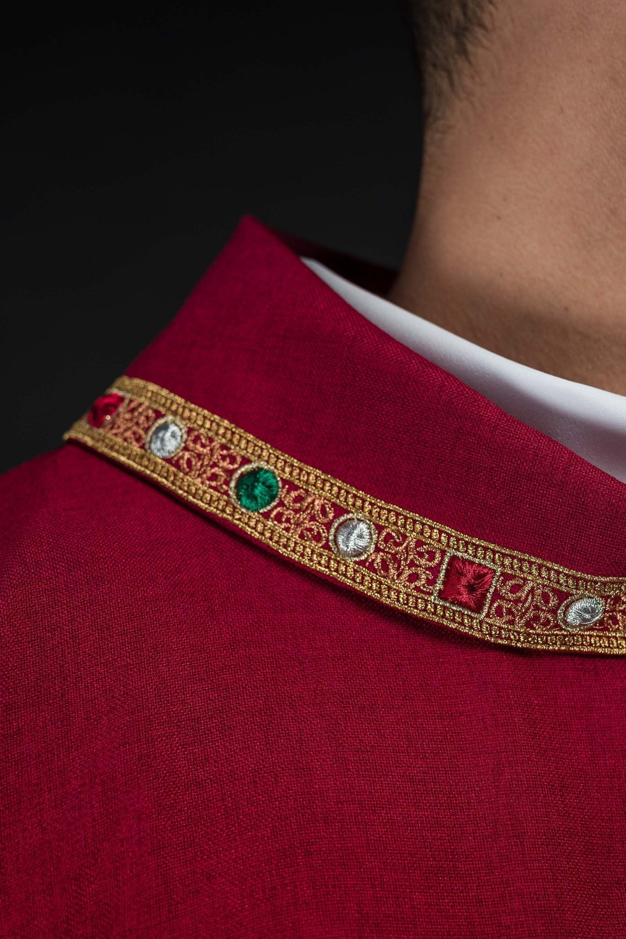 Dalmatic with IHS Symbol and Red Collar S-1073-02-70-D - CHASUBLES.COM