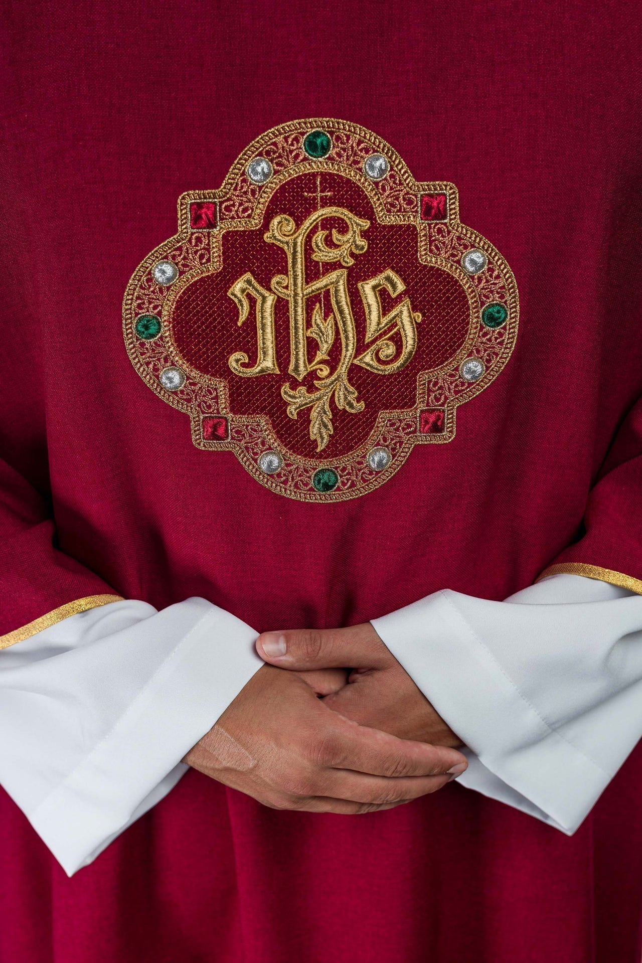 Dalmatic with IHS Symbol and Red Collar S-1073-02-70-D - CHASUBLES.COM