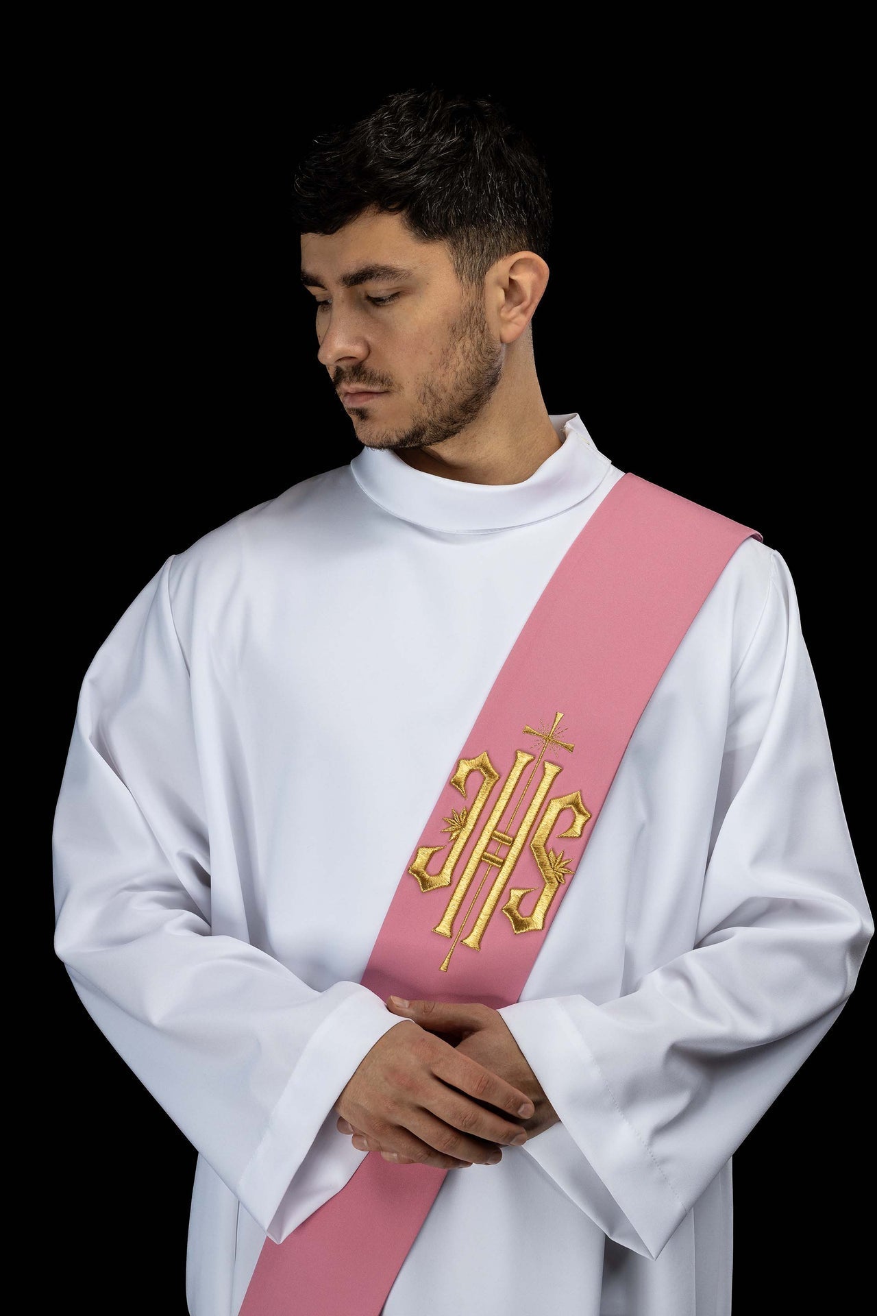 Deacon stole embroidered with IHS and Cross in pink KSD/135/08/01 RÓŻ - CHASUBLES.COM
