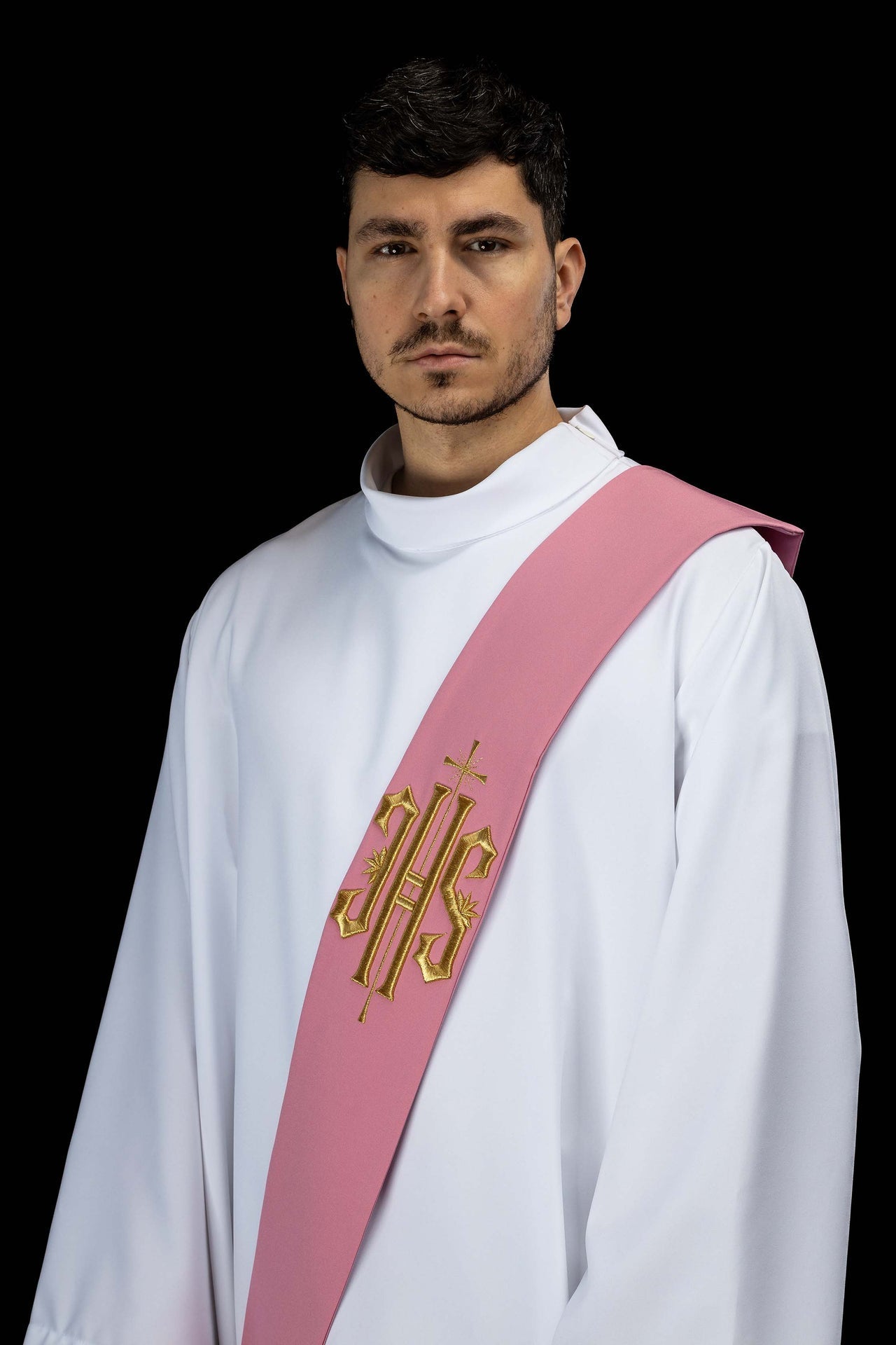 Deacon stole embroidered with IHS and Cross in pink KSD/135/08/01 RÓŻ - CHASUBLES.COM