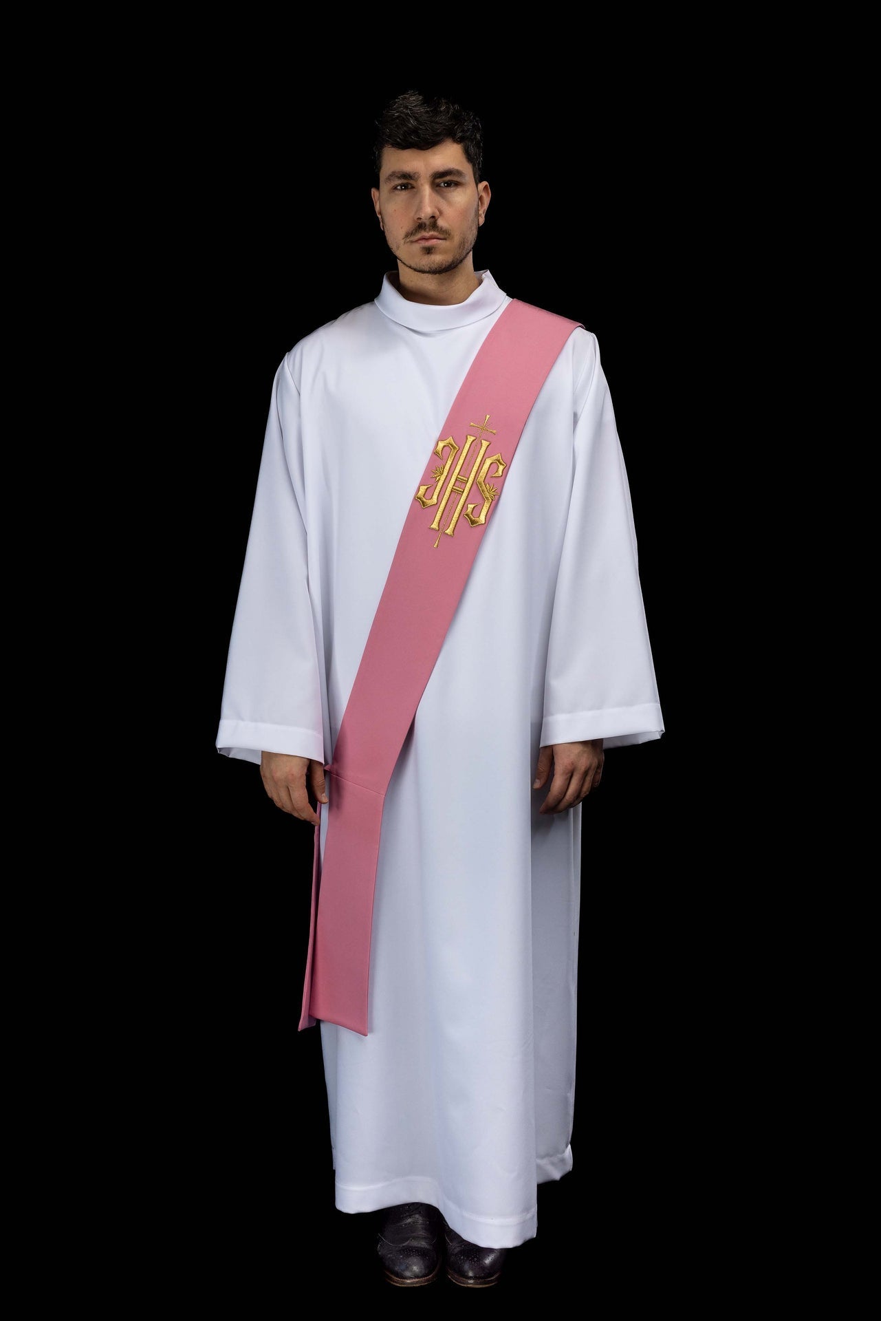 Deacon stole embroidered with IHS and Cross in pink KSD/135/08/01 RÓŻ - CHASUBLES.COM