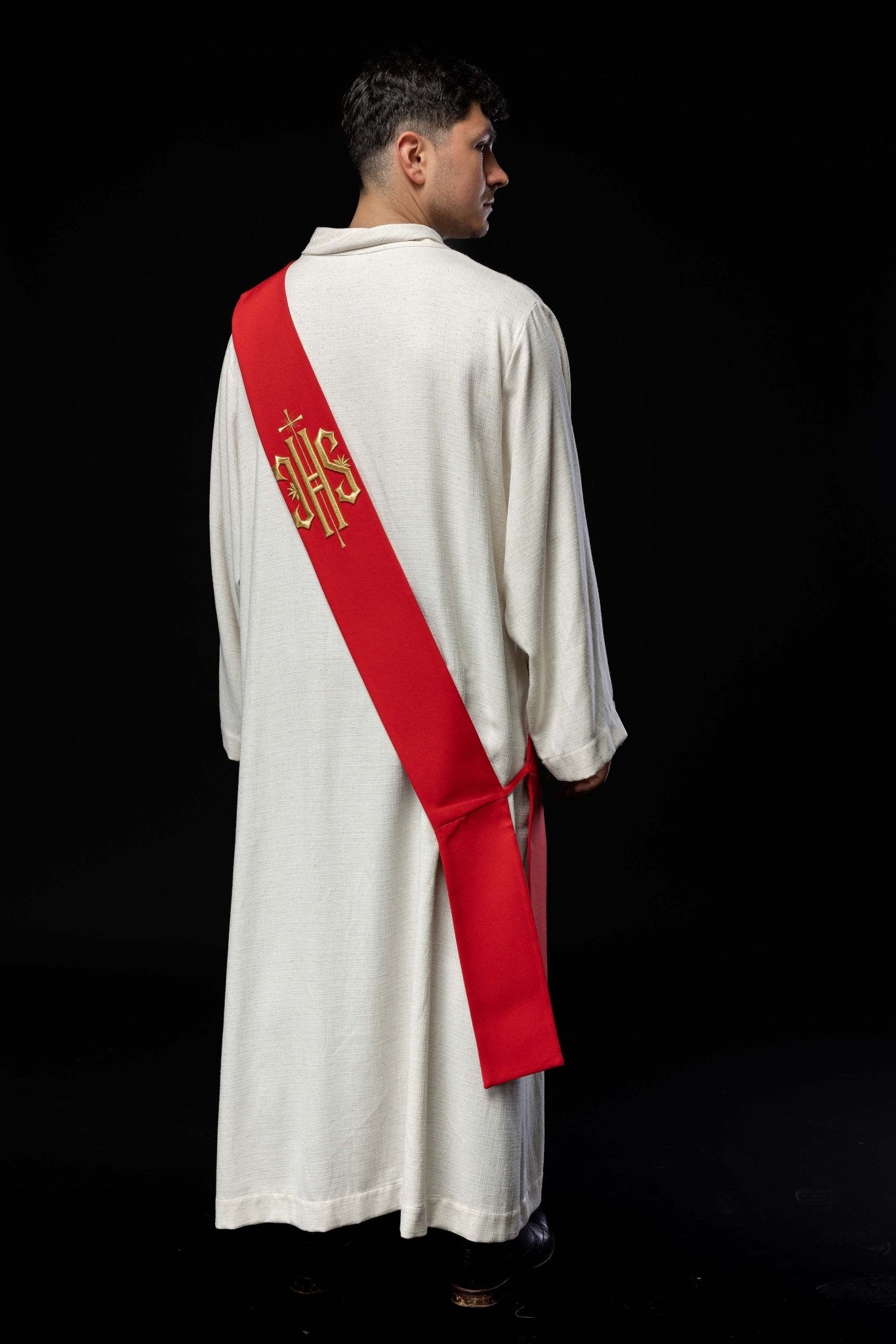 Deacon stole embroidered with IHS and Cross in red KSD/135/02/01 CZERWONY - HAFTINAUSA.COM