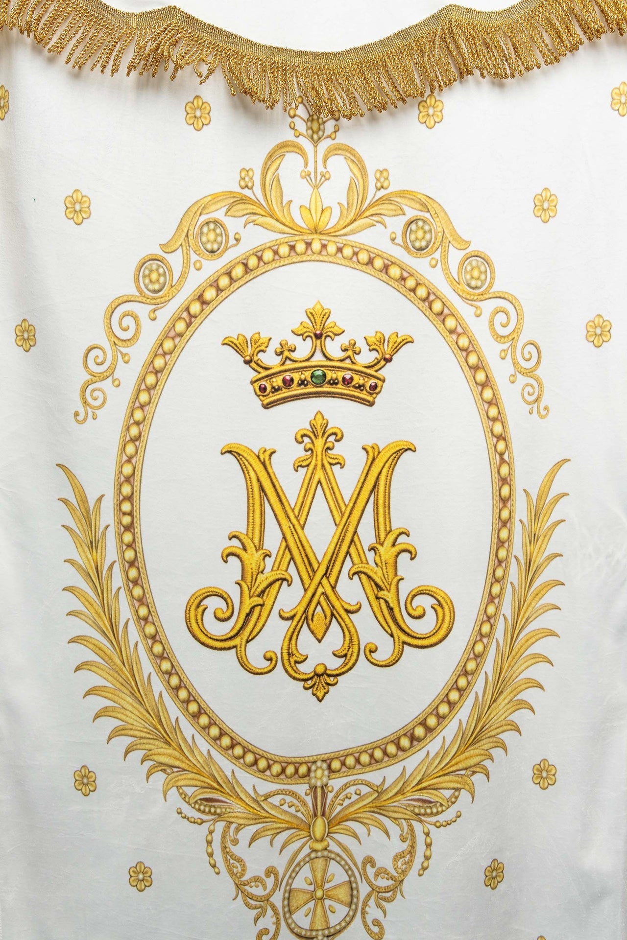 Double-Sided Printed Liturgical Banner with Our Lady of the Assumption and Marian Monogram CHD/005/06-05/109 80*130 - CHASUBLES.COM