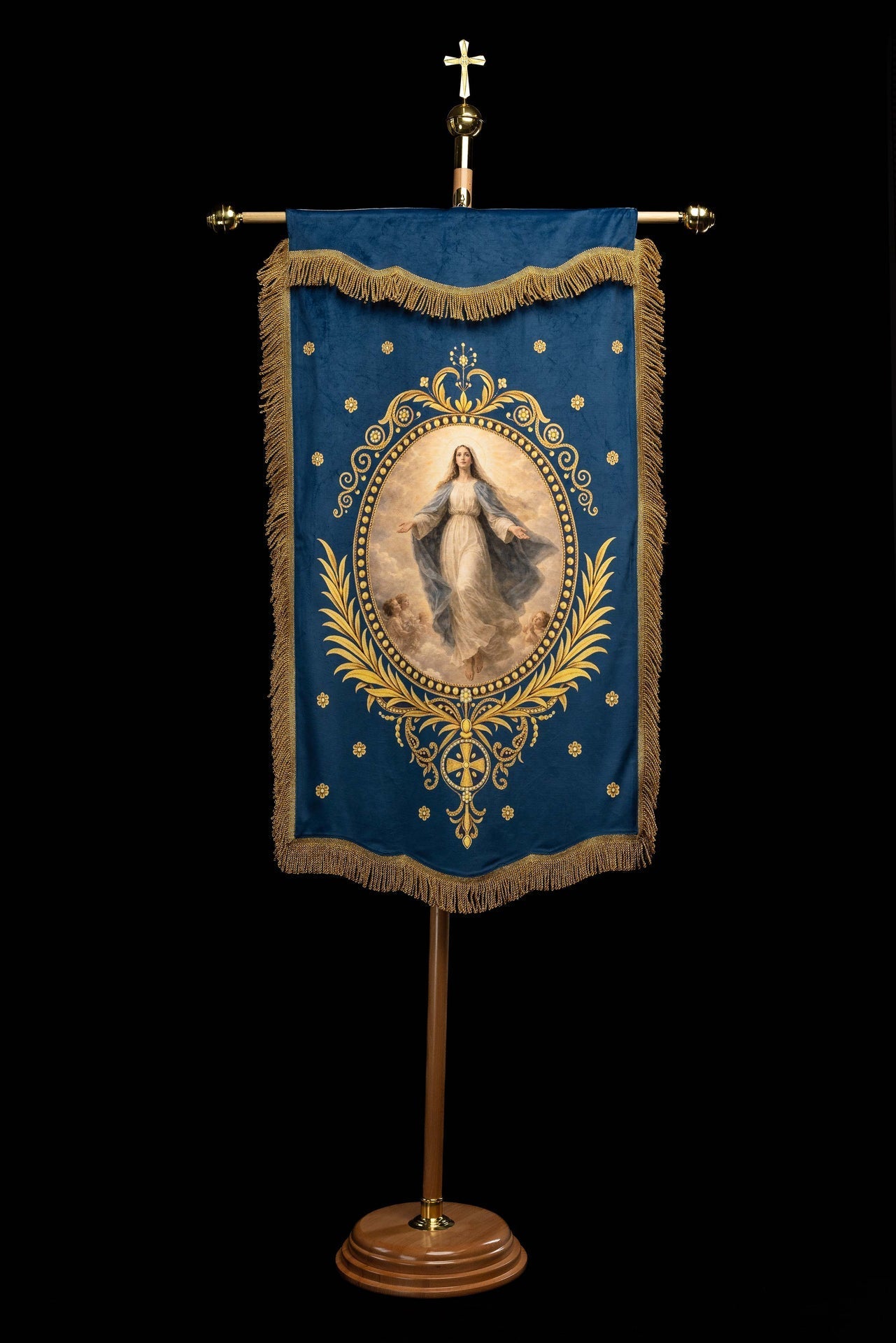 Double-Sided Printed Liturgical Banner with Our Lady of the Assumption and Marian Monogram CHD/005/06-05/109 80*130 - CHASUBLES.COM