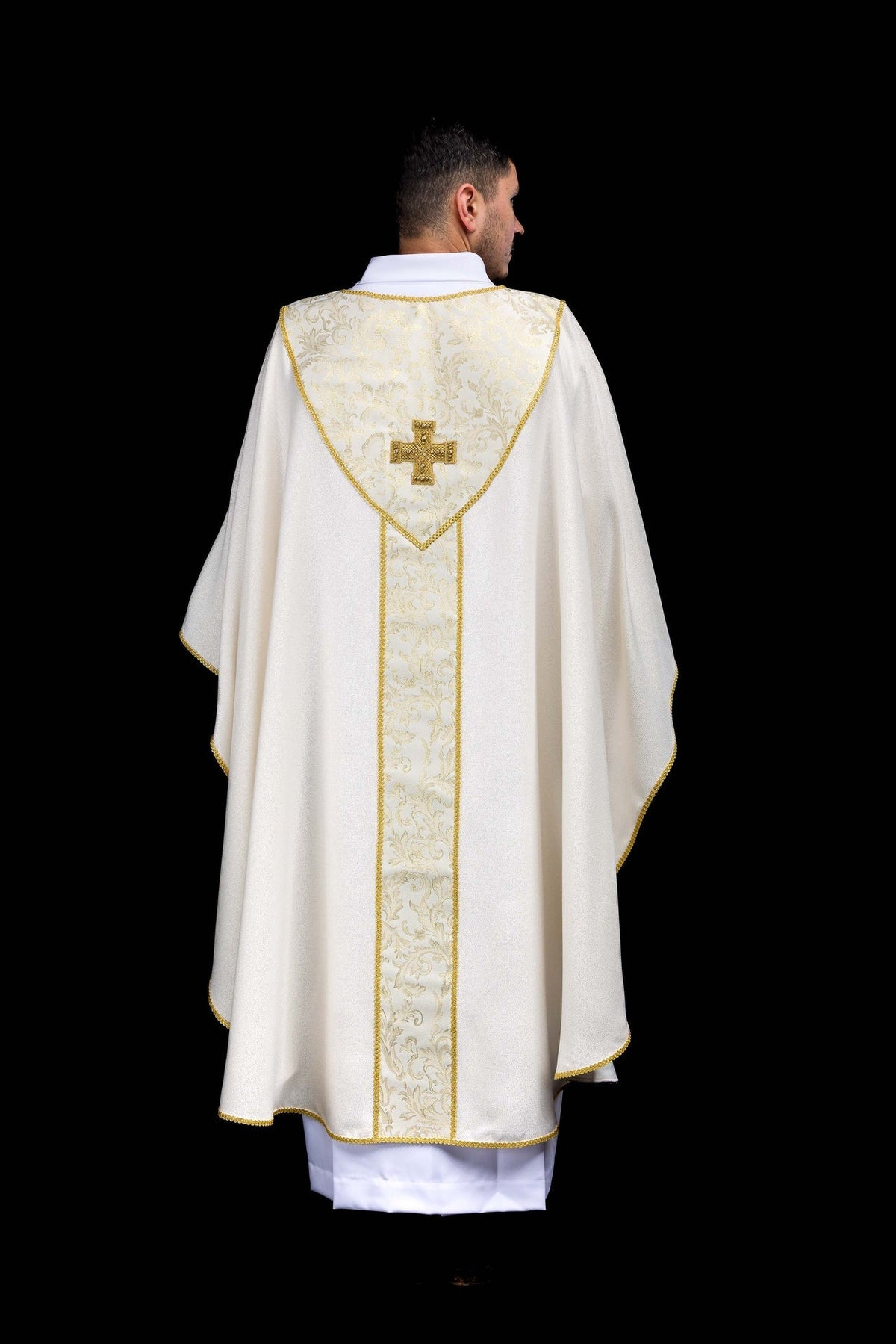 Full back view of the ecru chasuble with central jacquard panel