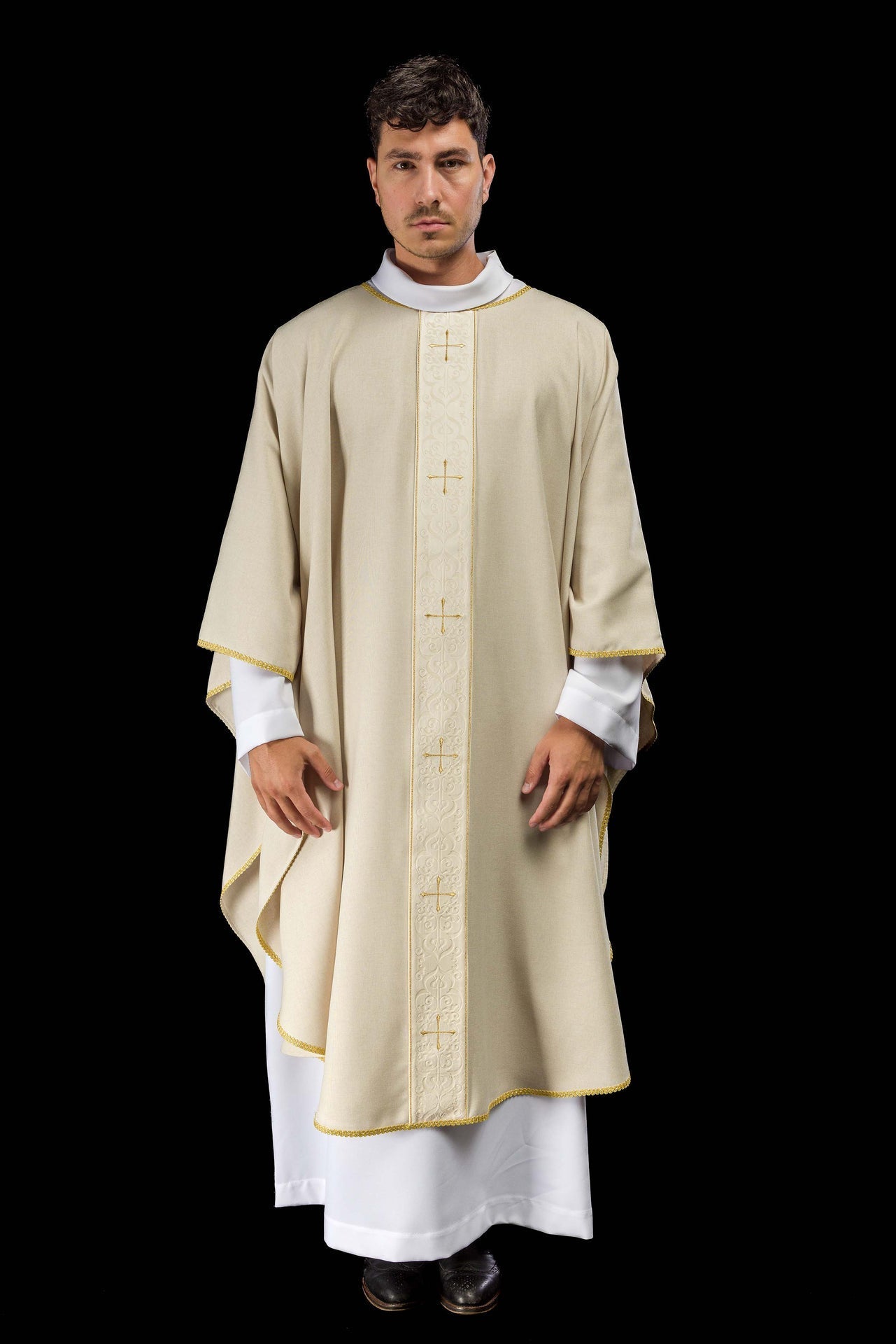 Ecru Chasuble with Embroidered Cross Band LE/7074/05 - CHASUBLES.COM
