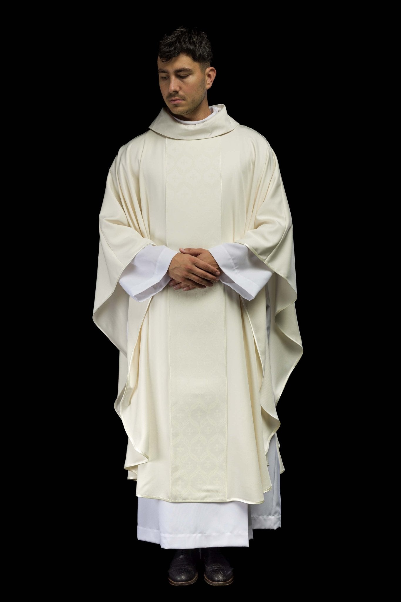 Ecru Chasuble with Jacquard Orphrey Featuring Cross Motifs KOR/402/05/53 - CHASUBLES.COM