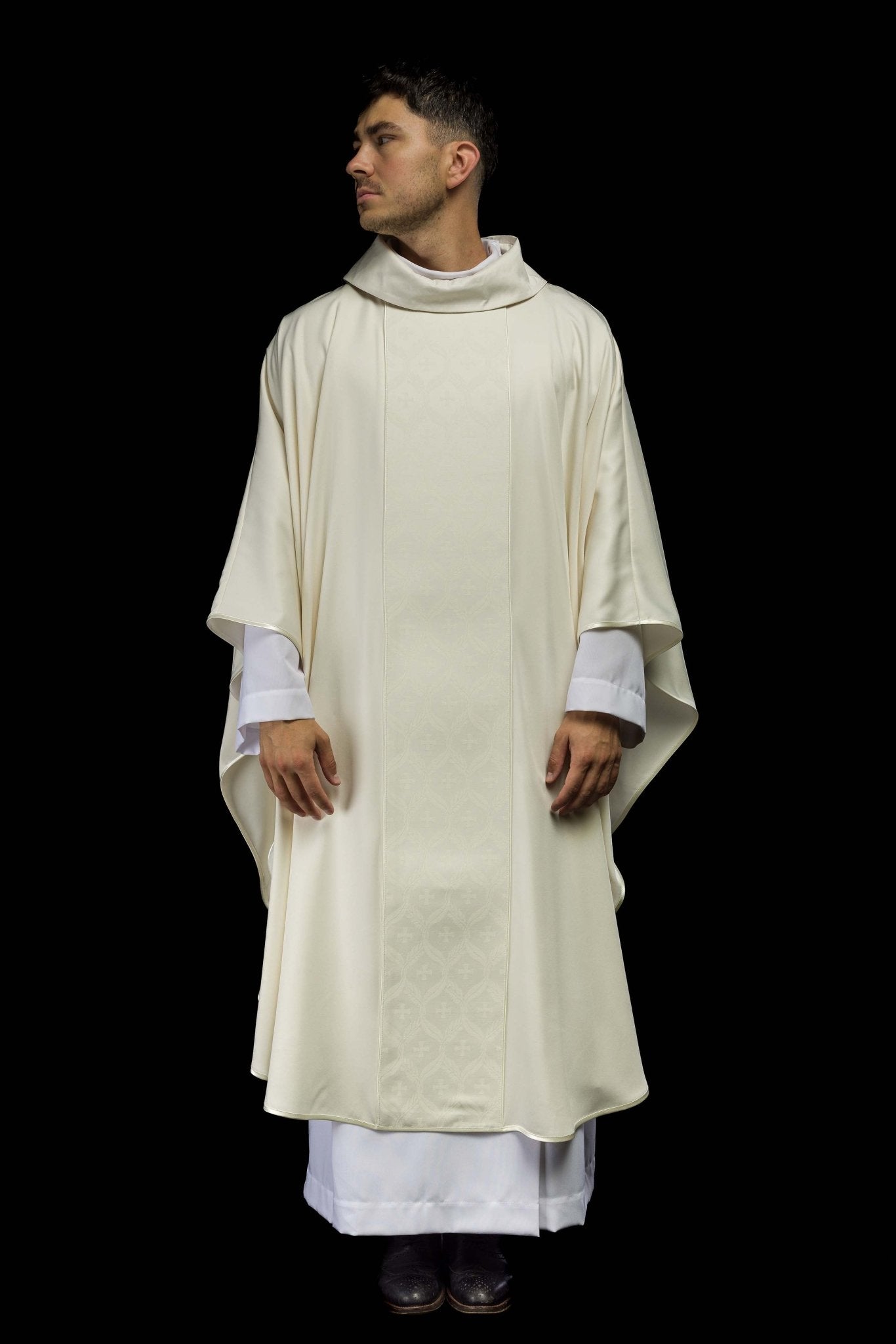 Ecru Chasuble with Jacquard Orphrey Featuring Cross Motifs KOR/402/05/53 - CHASUBLES.COM