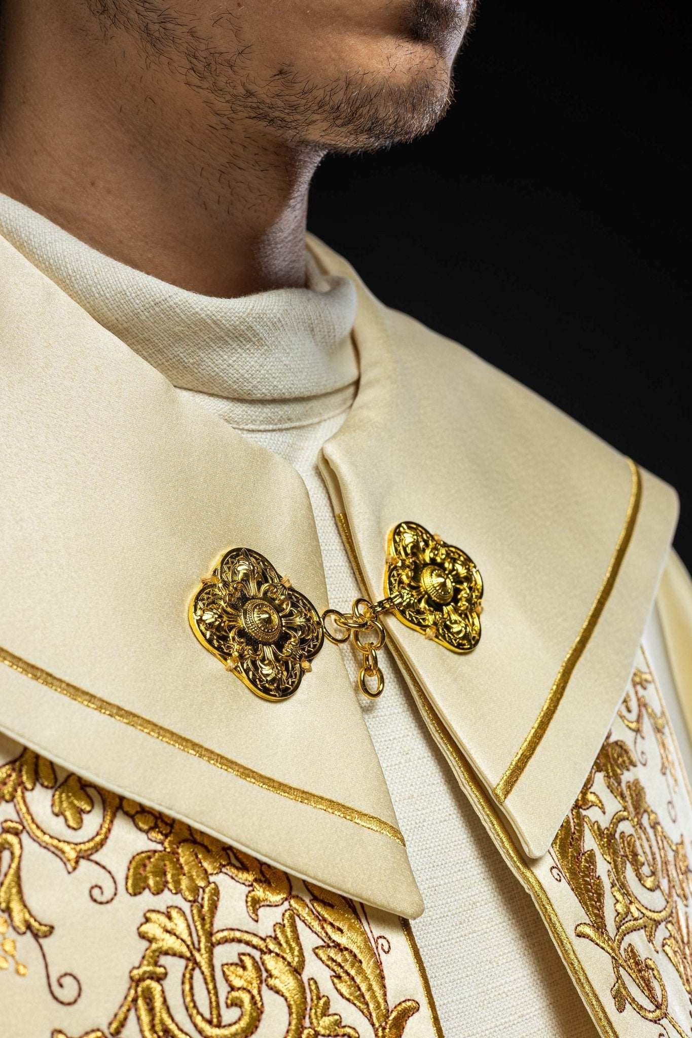 Ecru clergy cope with gold Chalice embroidery KKP/013/05/20 ECRU SAT. POMPON 145cm - HAFTINAUSA.COM