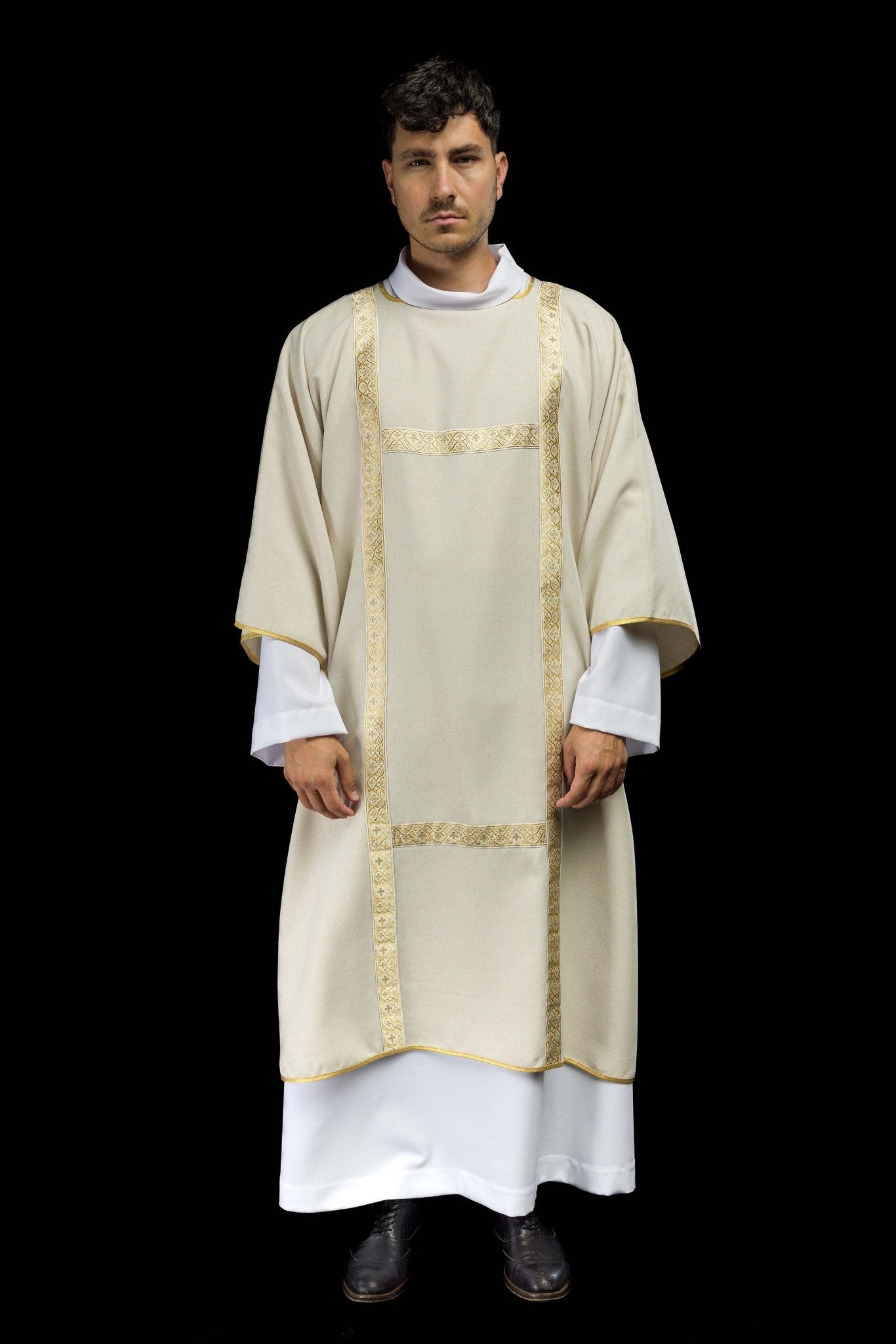 Ecru dalmatic decorated with gold jacquard ribbons KDL/395/05/70/B - CHASUBLES.COM