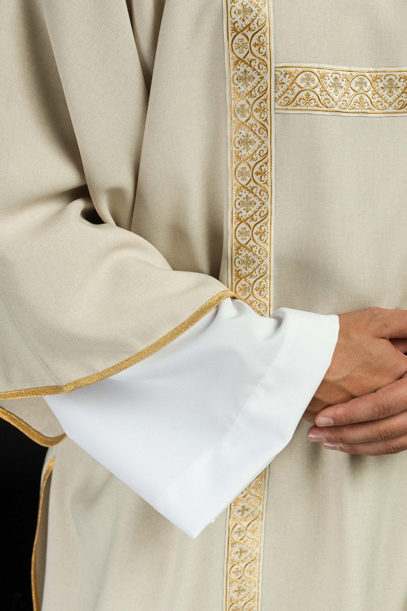 Ecru dalmatic decorated with gold jacquard ribbons KDL/395/05/70/B - CHASUBLES.COM