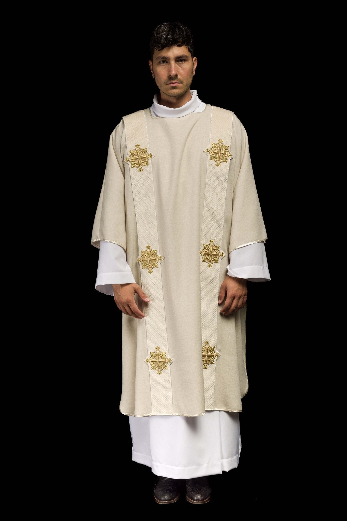 Ecru dalmatic with velvet bands and cross symbols LE/1030/05/B - CHASUBLES.COM