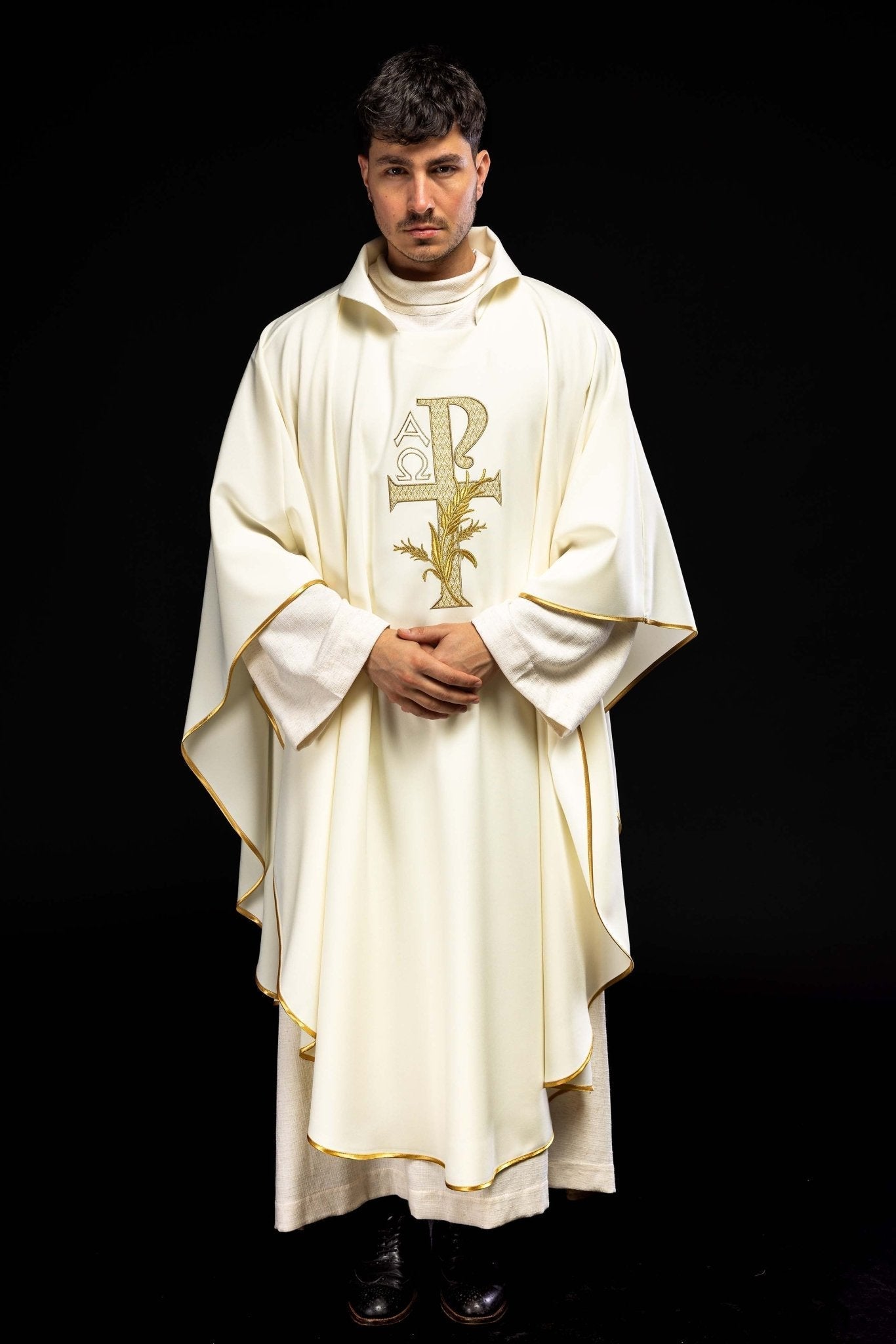 Ecru embroidered chasuble with Alpha and Omega symbol and wide collar KOK/004/05/12/KARO - HAFTINAUSA.COM