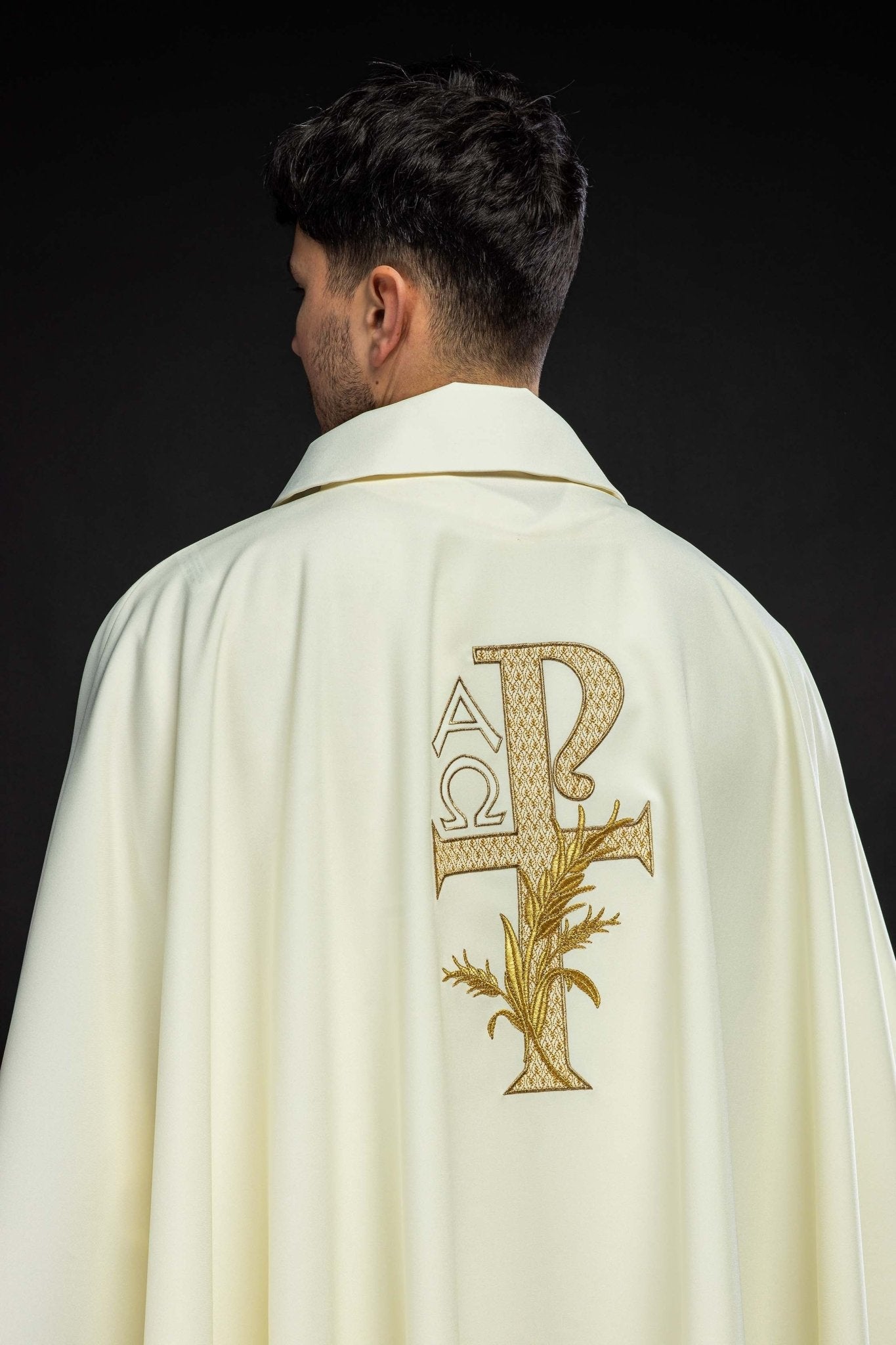 Ecru embroidered chasuble with Alpha and Omega symbol and wide collar KOK/004/05/12/KARO - HAFTINAUSA.COM