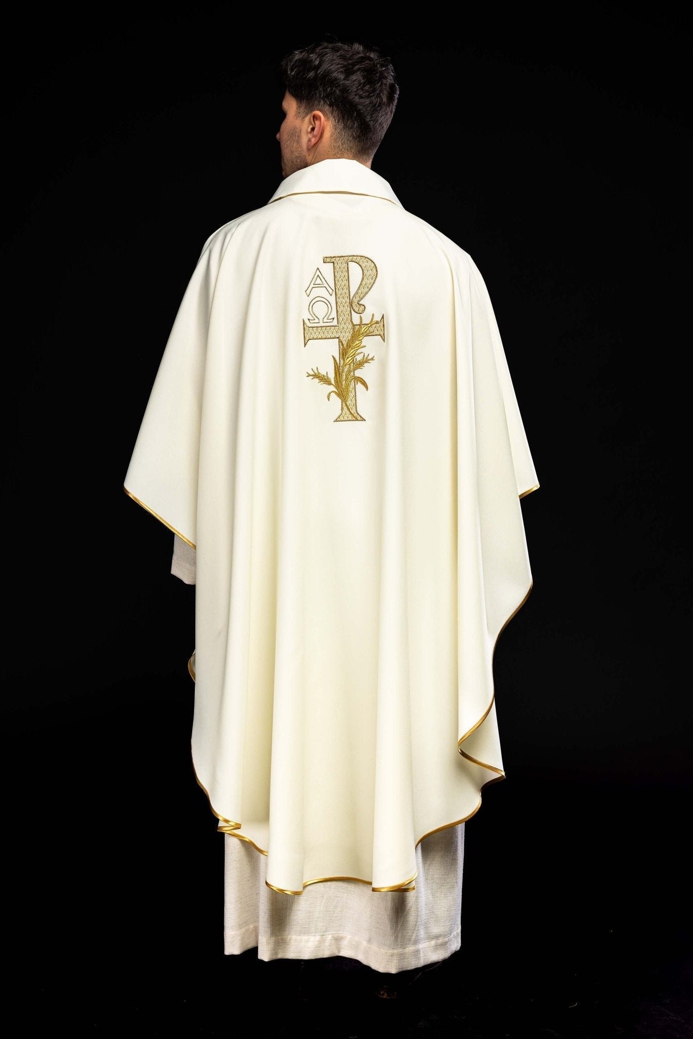Ecru embroidered chasuble with Alpha and Omega symbol and wide collar KOK/004/05/12/KARO - HAFTINAUSA.COM