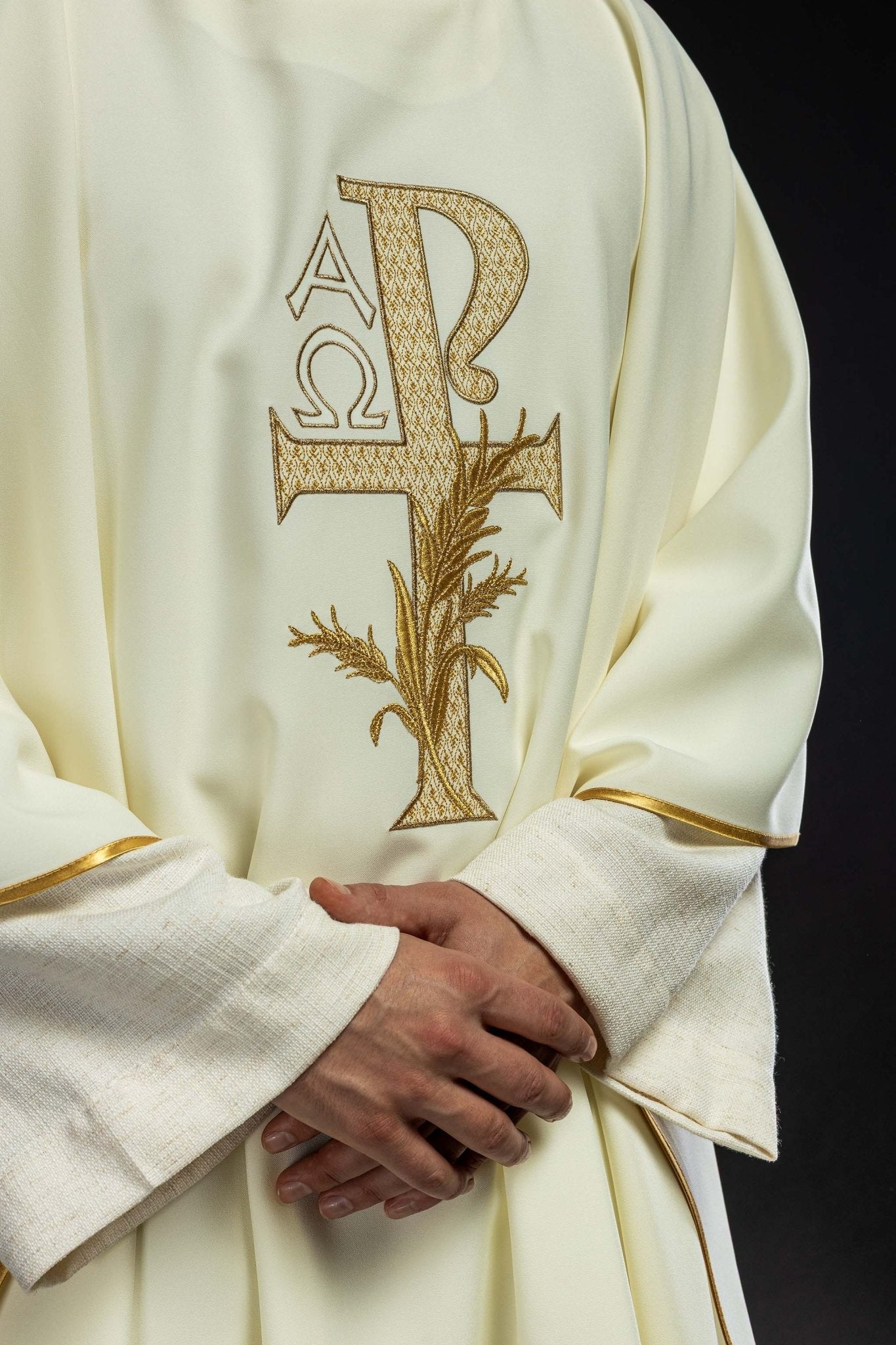 Ecru embroidered chasuble with Alpha and Omega symbol and wide collar KOK/004/05/12/KARO - HAFTINAUSA.COM