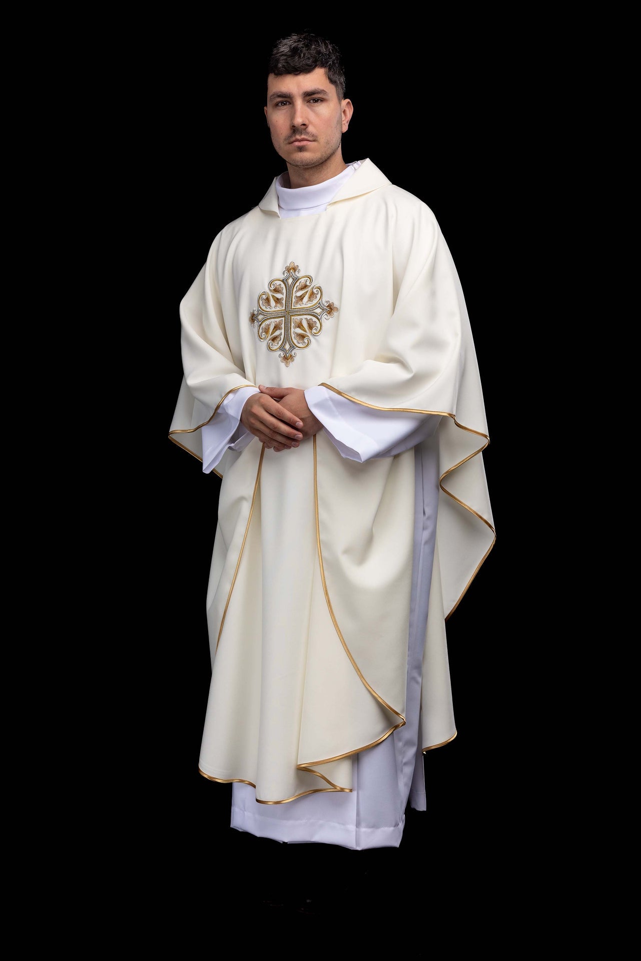 Ecru embroidered chasuble with an ornate cross and a wide collar KOK/003/05/12/KARO - CHASUBLES.COM