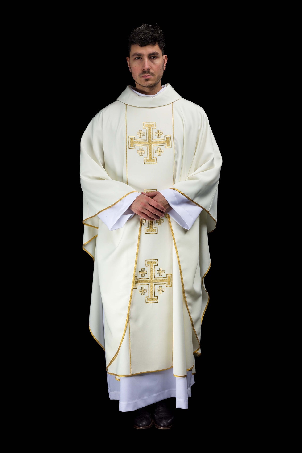 Ecru embroidered chasuble with band and Jerusalem crosses KDT/7046/05/01 - CHASUBLES.COM