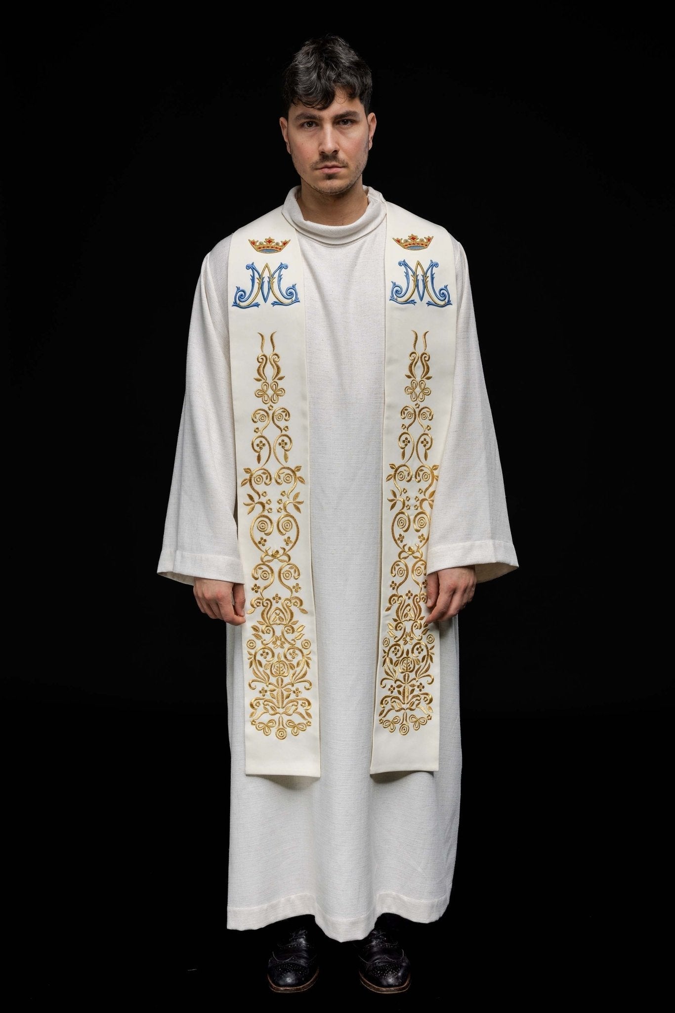 Ecru embroidered Marian priestly stole KST/056/05/01 ECRU - HAFTINAUSA.COM