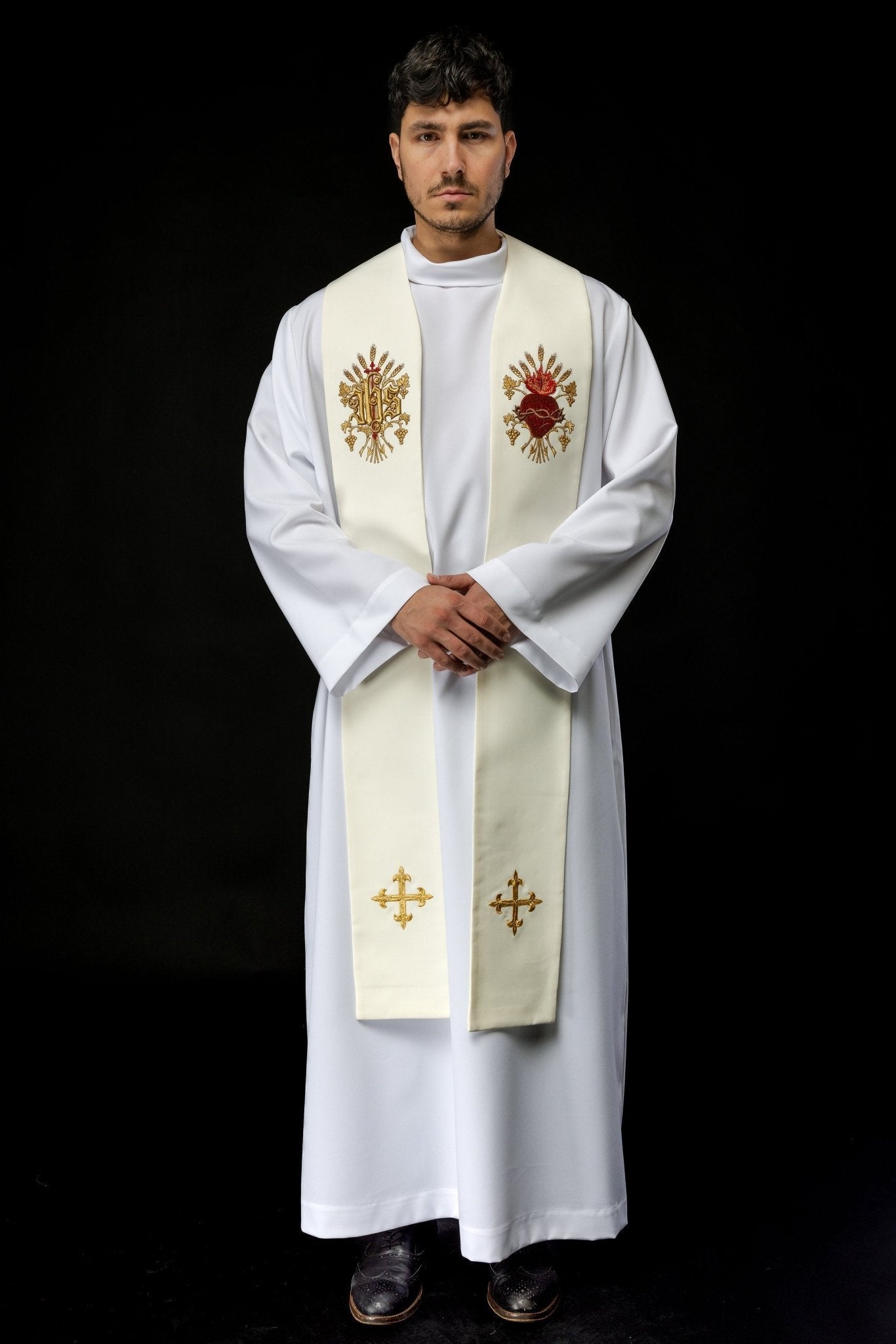Ecru embroidered stole with a cross, IHS, and the heart of Jesus Christ KST/159/05/01 ECRU - HAFTINAUSA.COM