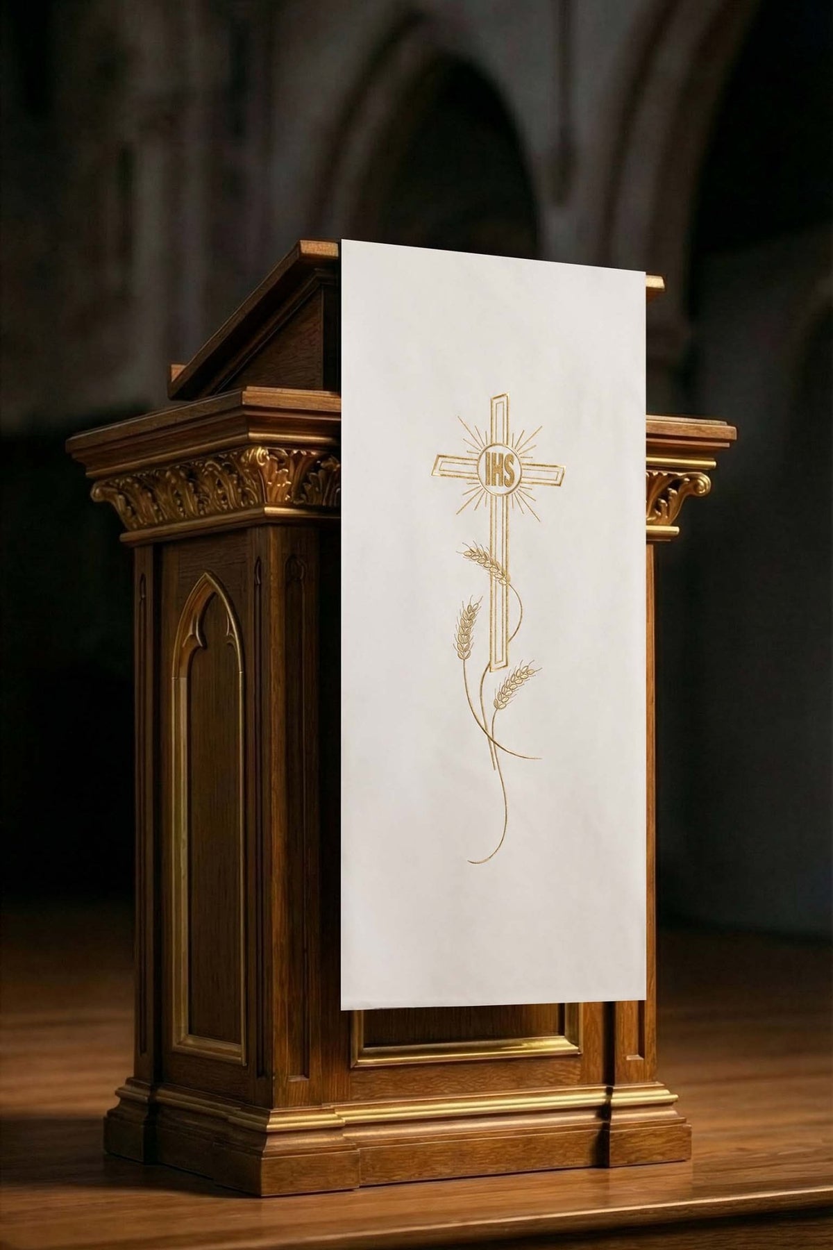 Front view of Ecru Lectern Cloth with Embroidered Cross Motif, showing gold cross, IHS monogram, and wheat embroidery