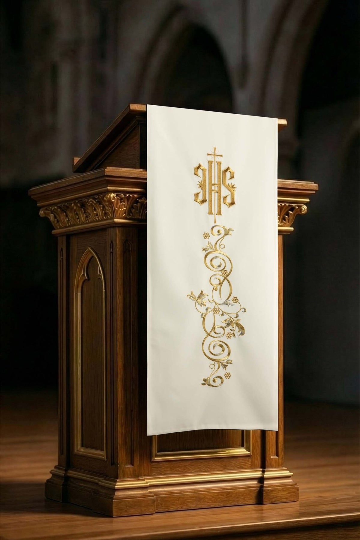 Ecru Lectern Cloth with IHS Embroidery and Botanical Ornament KMO/018/05/01 ECRU 55*250 - CHASUBLES.COM