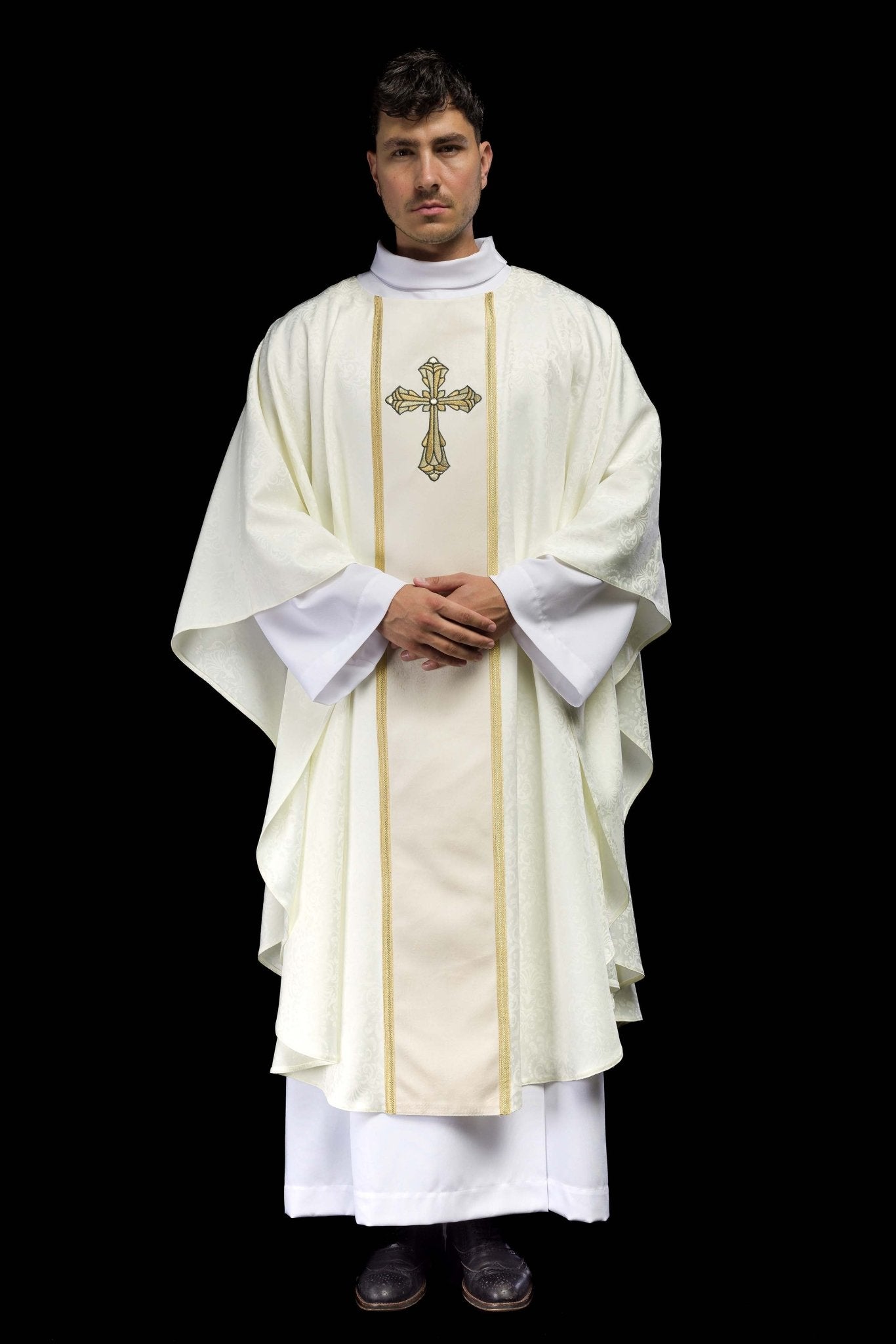 Ecru Liturgical Chasuble with Central Band and Embroidered Cross on Jacquard Fabric KOA/007/05/98 - CHASUBLES.COM