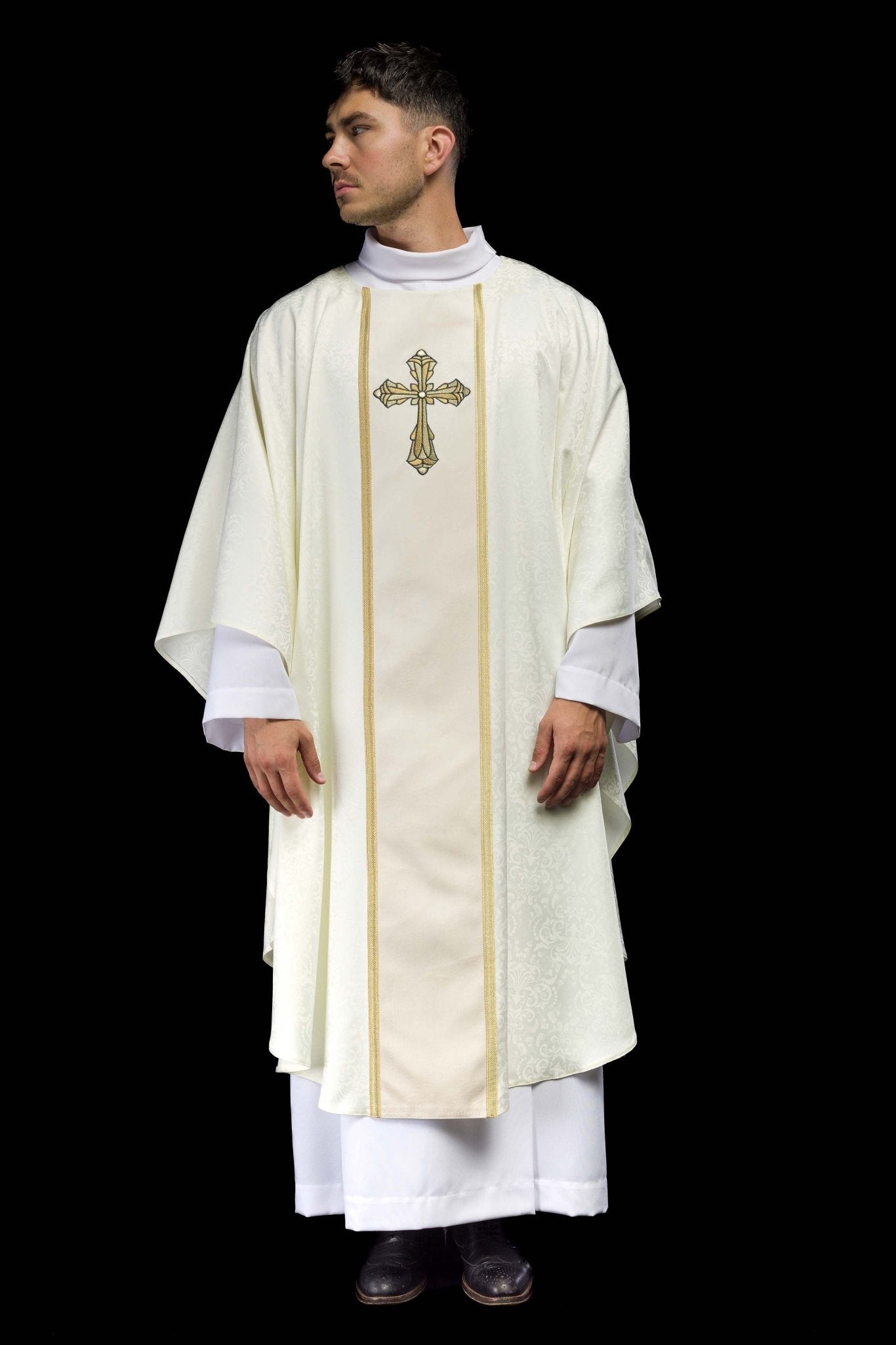 Ecru Liturgical Chasuble with Central Band and Embroidered Cross on Jacquard Fabric KOA/007/05/98 - CHASUBLES.COM
