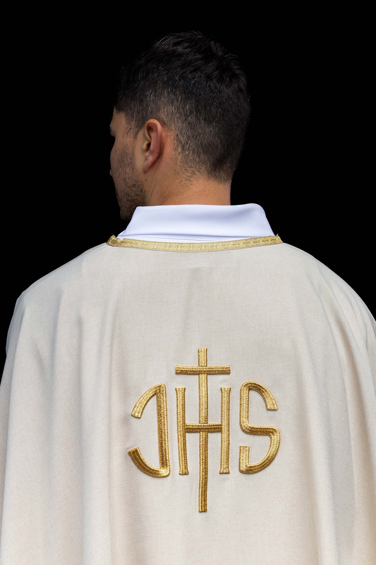 Ecru Liturgical Chasuble with Golden IHS Embroidery KOA/001/05/70 - CHASUBLES.COM