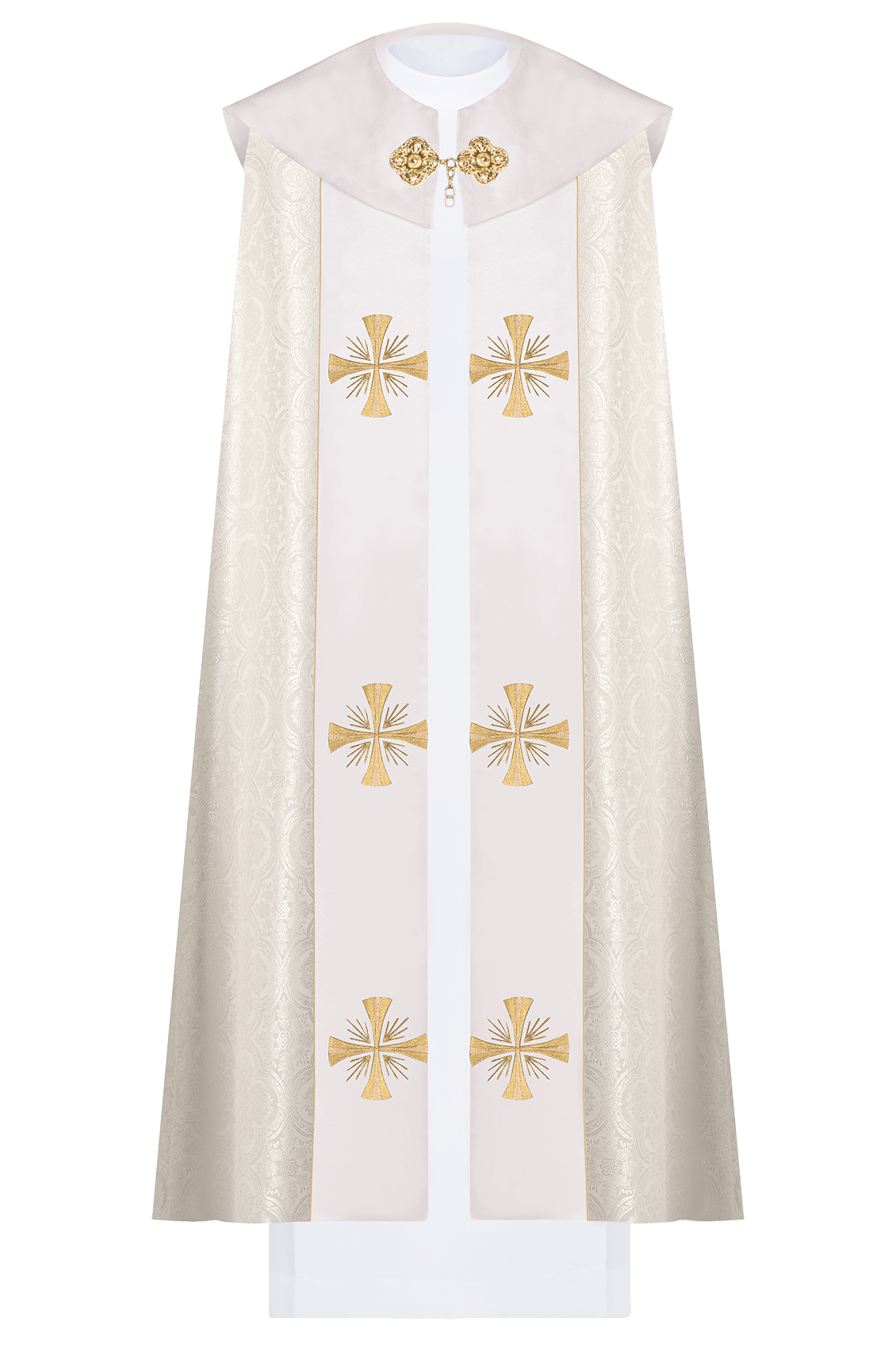 Front view of an ecru liturgical cope with gold IHS, four gold crosses, and ornate clasp