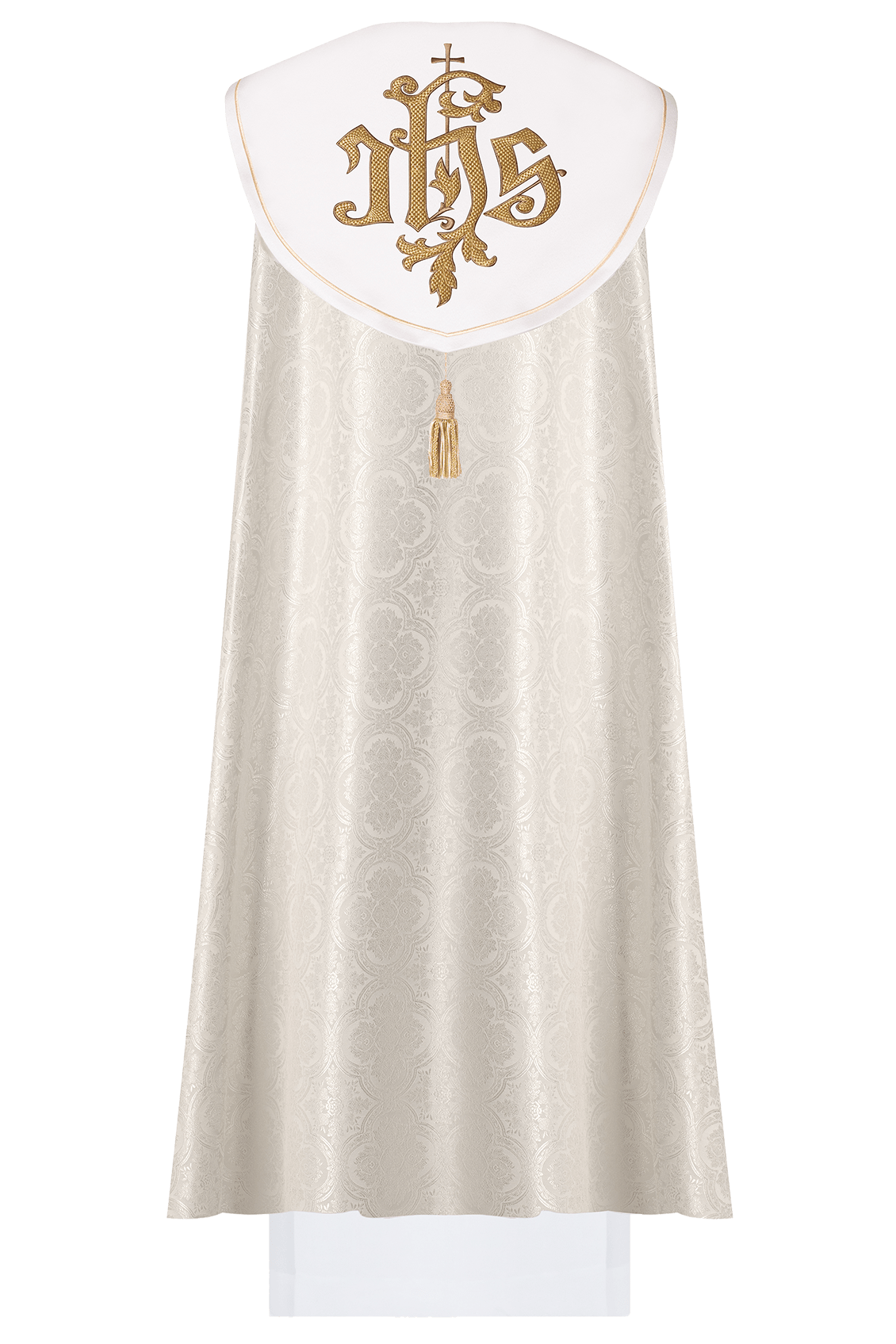 Back view of an ecru liturgical cope with gold IHS embroidery, tassel, and damask pattern